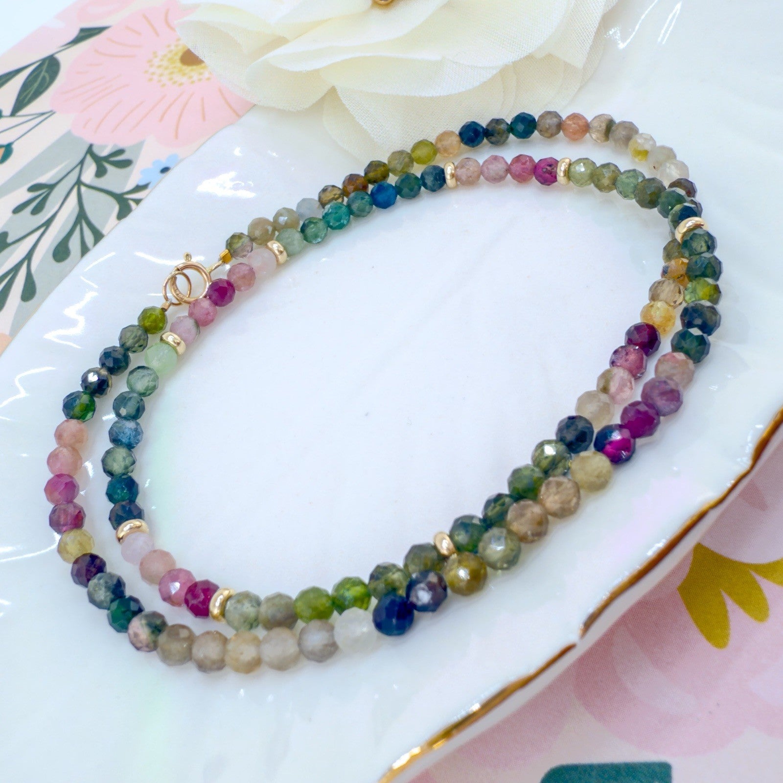 14k Yellow Gold Multicolor Tourmaline Bead Necklace, New 16"