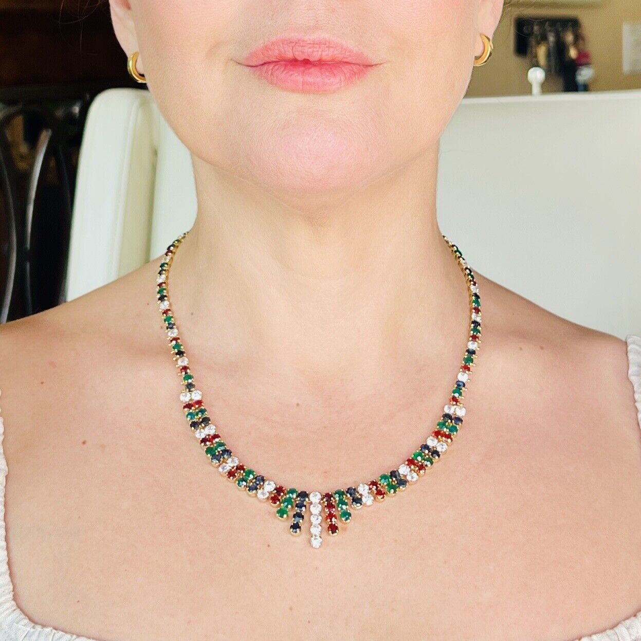 Vintage Genuine Multi-Gemstone "Cleopatra" Necklace, New 19"