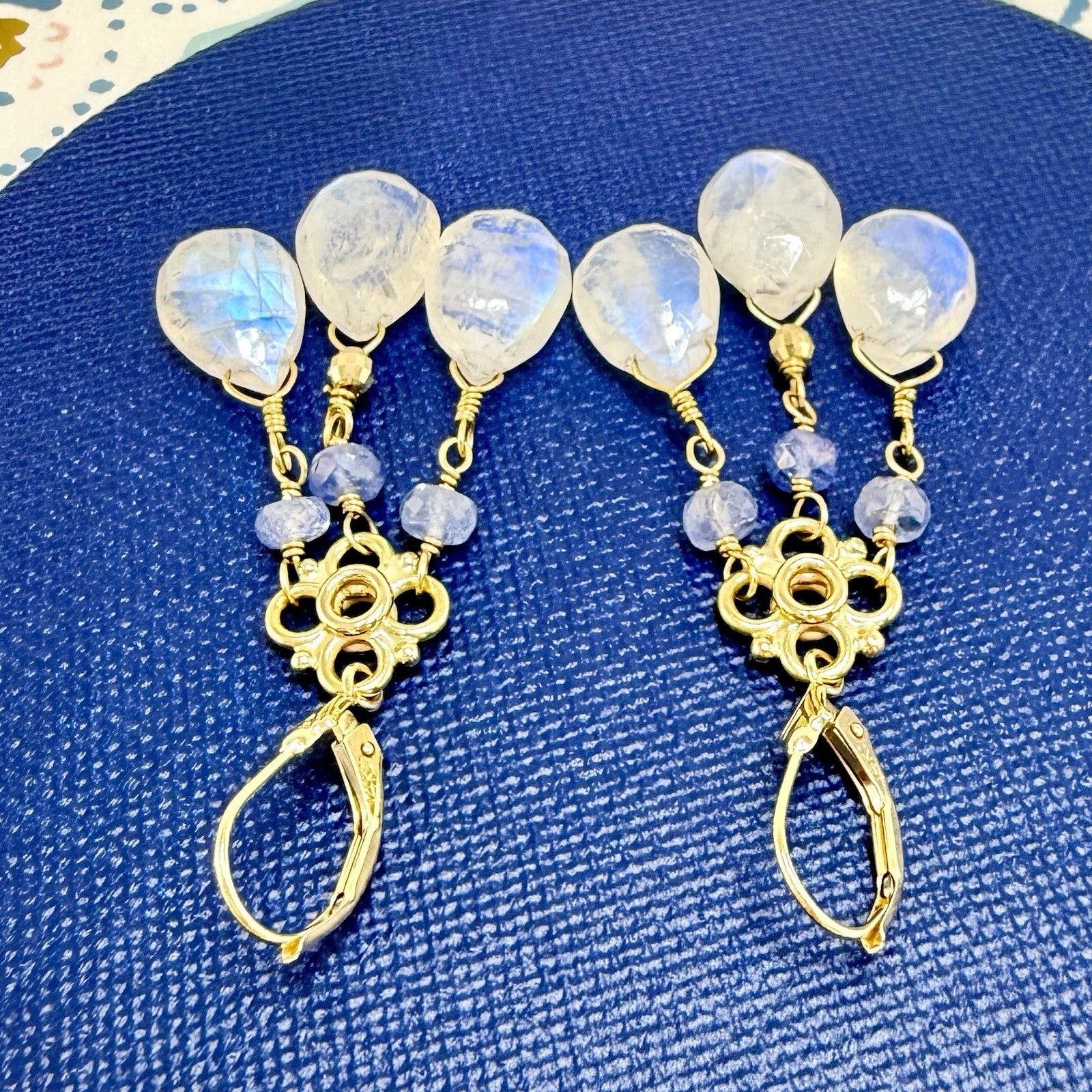 14k Yellow Gold Genuine Rainbow Moonstone and Sapphire Chandelier Earrings,