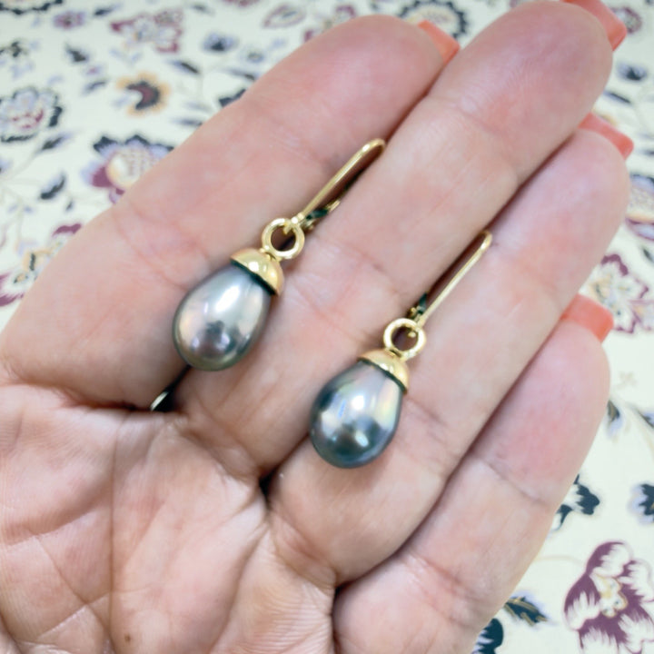 14k Yellow Gold Genuine Gray/Peacock Pearl Drop Leaverback Earrings