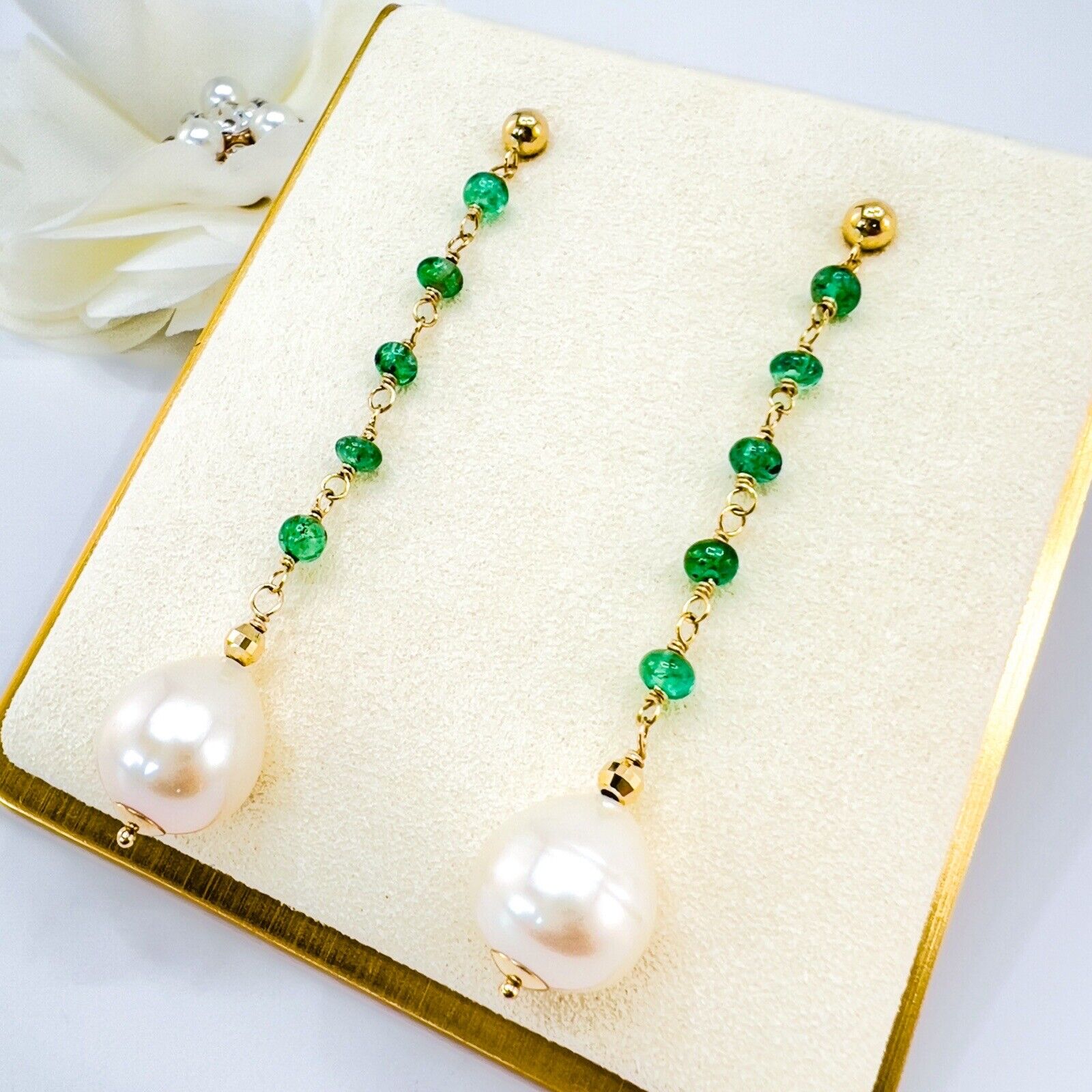 14k Yellow Gold Genuine Emerald & Pearl Dangle/Drop Earrings, New, 2.52"