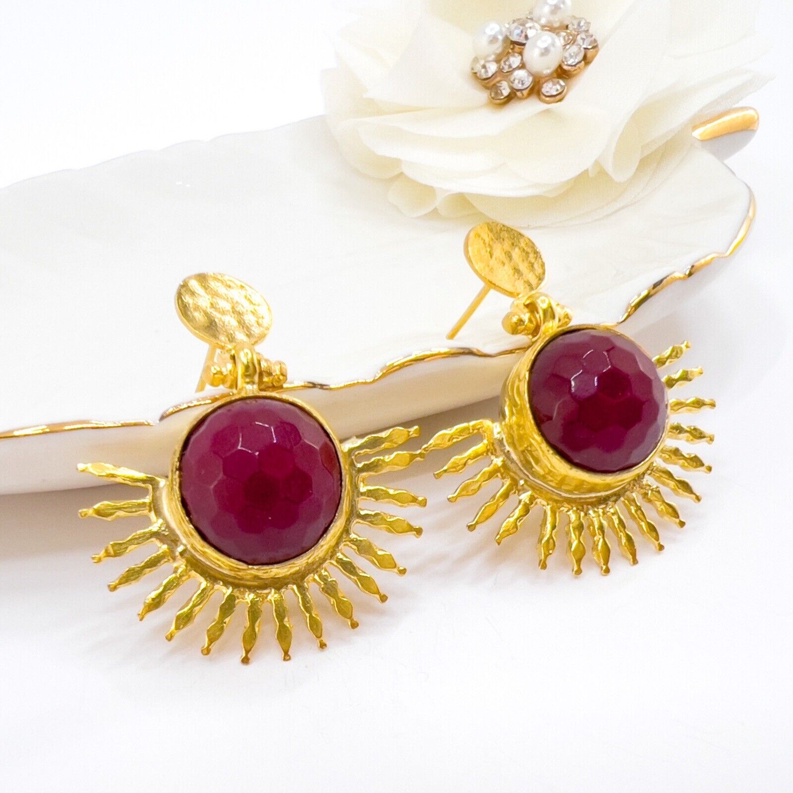 Etruscan Style Ruby Quartz Heavy Gold Plated Sunburst Dangle Earrings New 1.48"