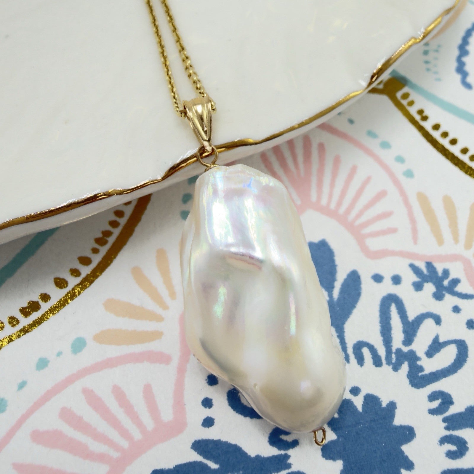 14k Yellow Gold Genuine Baroque Pearl Pendant, New 1.5"