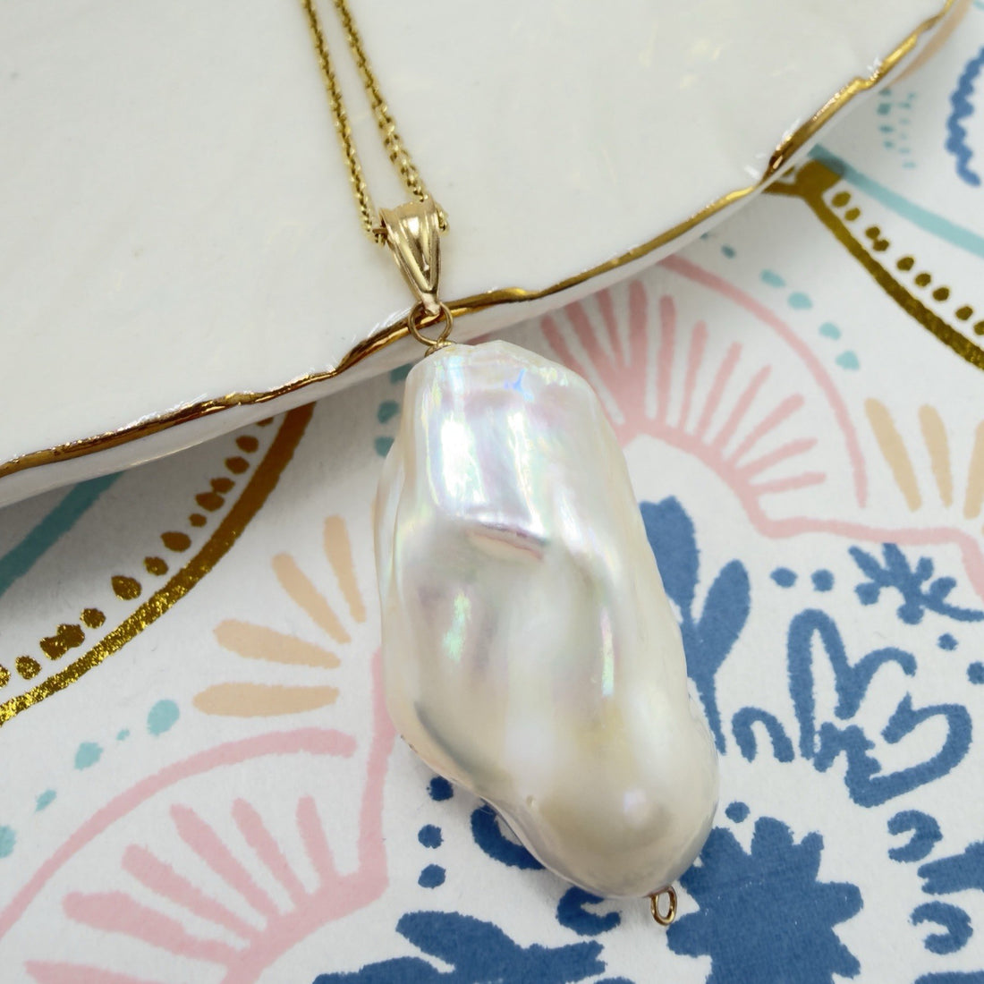 14k Yellow Gold Genuine Baroque Pearl Pendant, New 1.5"