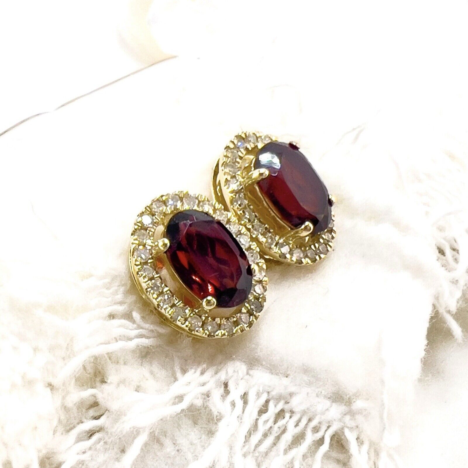 10k Yellow Gold Genuine Garnet & Diamond Halo Stud Earrings, New