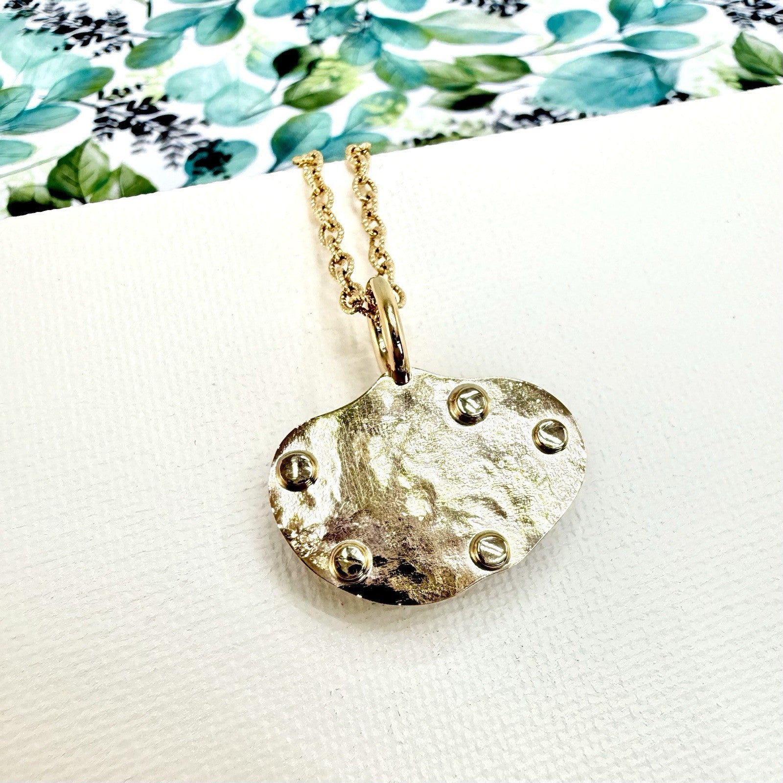 14k Yellow Gold Genuine Emerald Rough Freeform Modernist Pendant, New, Unisex