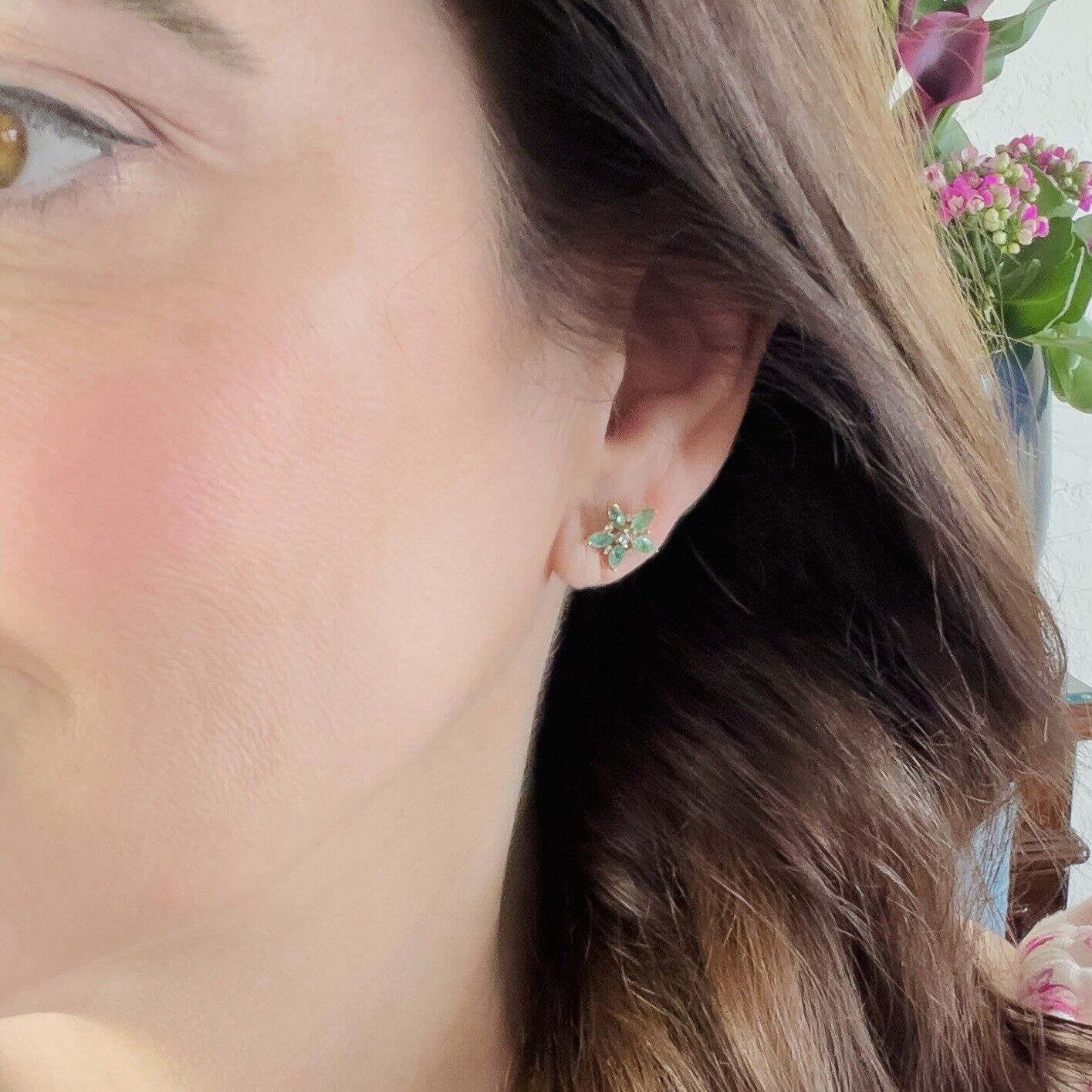 10k Yellow Gold Genuine Emerald & Diamond Star Stud Earrings, New