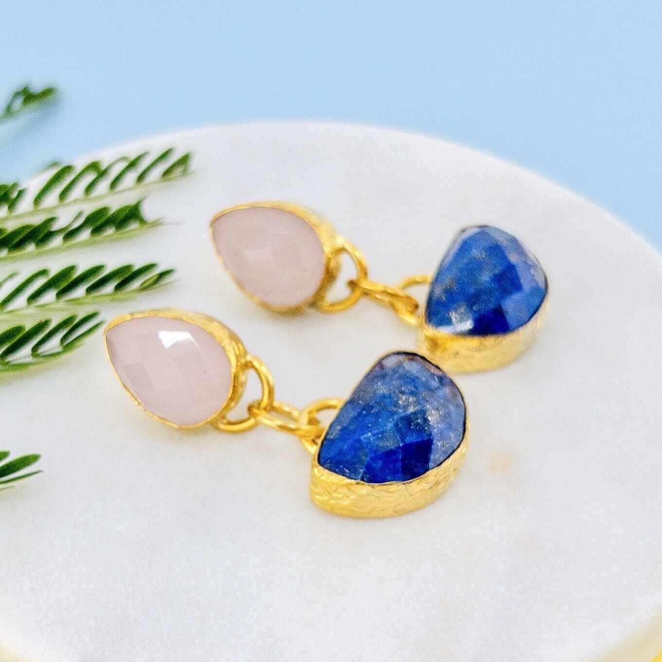 Etruscan Revival Genuine Rose Chalcedony & Lapis Lazuli GP Dangle/Drop Earrings