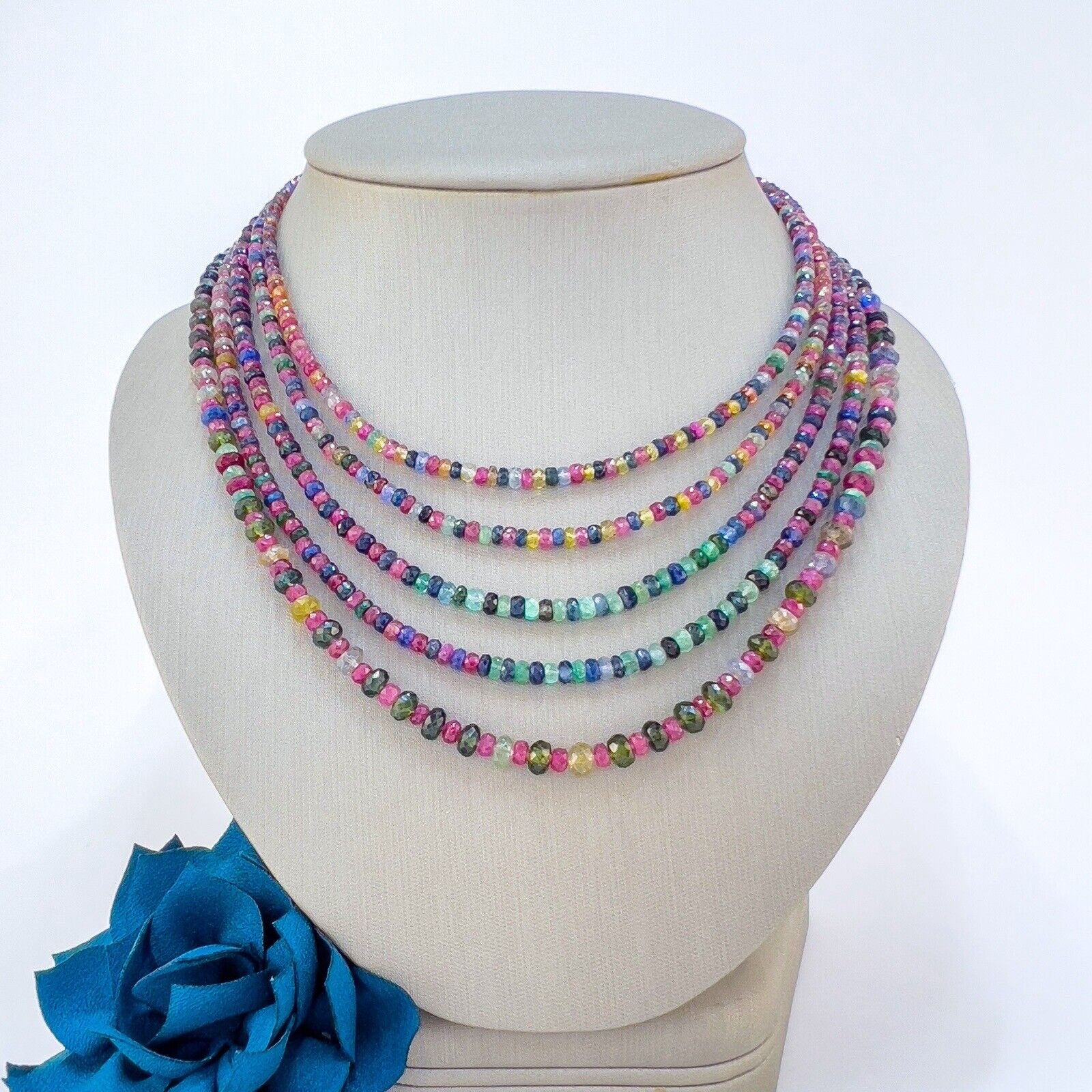 Genuine Multicolor Sapphire, Ruby & Emerald 14K Yellow Gold Necklace, New 82"