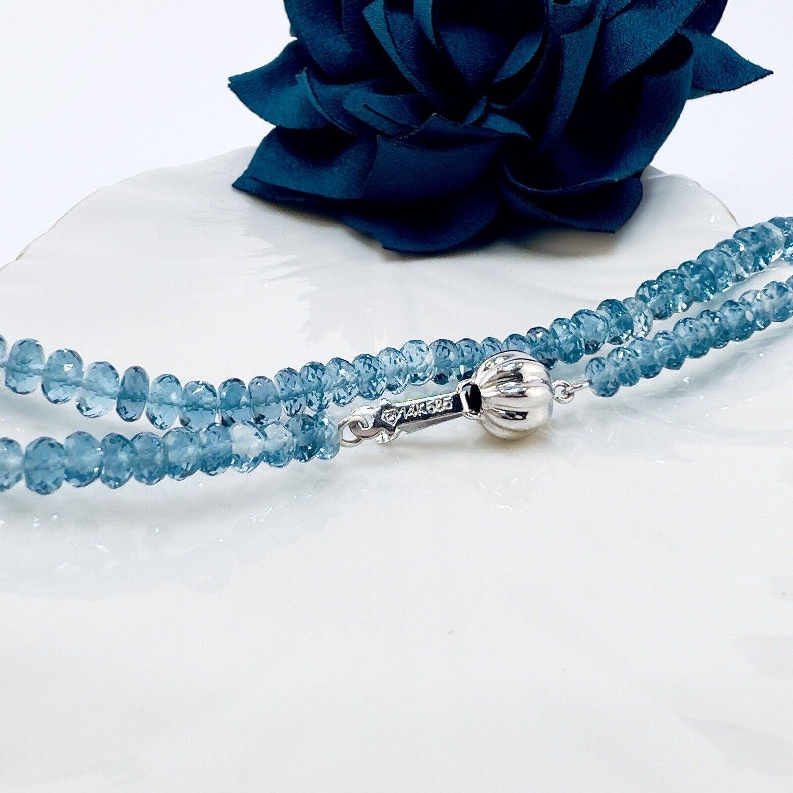 Solid 14k White Gold Genuine London Blue Topaz Necklace, New 17.25”