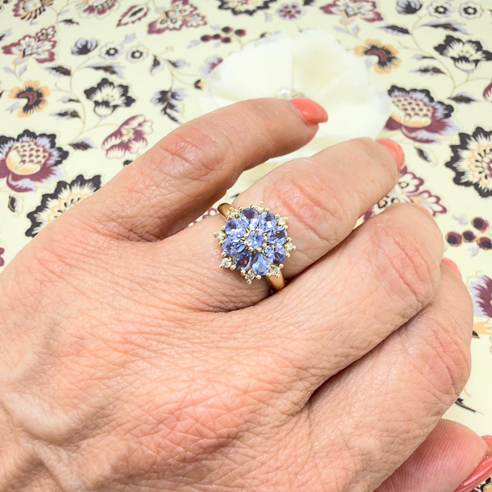 14k Yellow Gold Tanzanite &Diamond Rosette Ring, Size 6