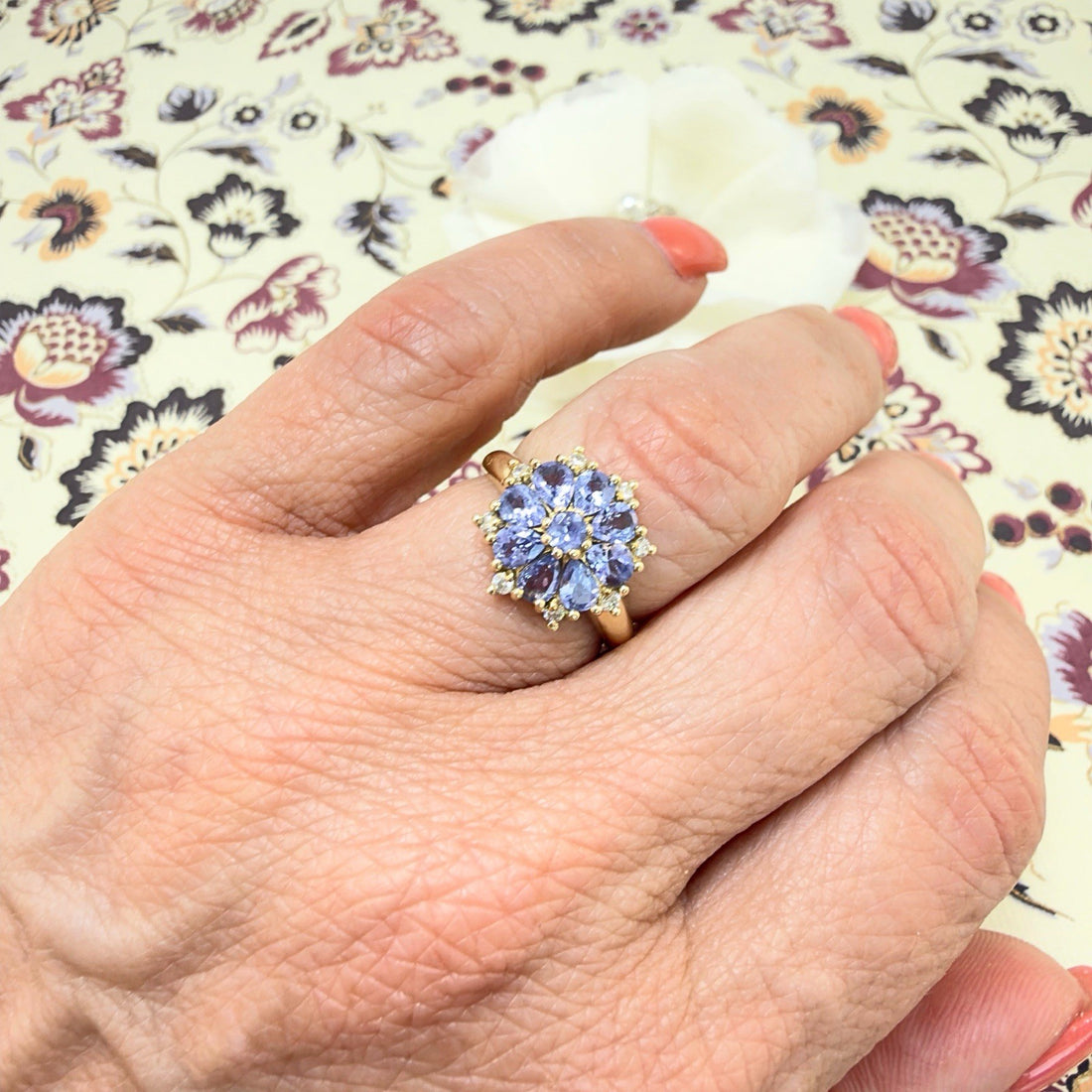 14k Yellow Gold Tanzanite &Diamond Rosette Ring, Size 6