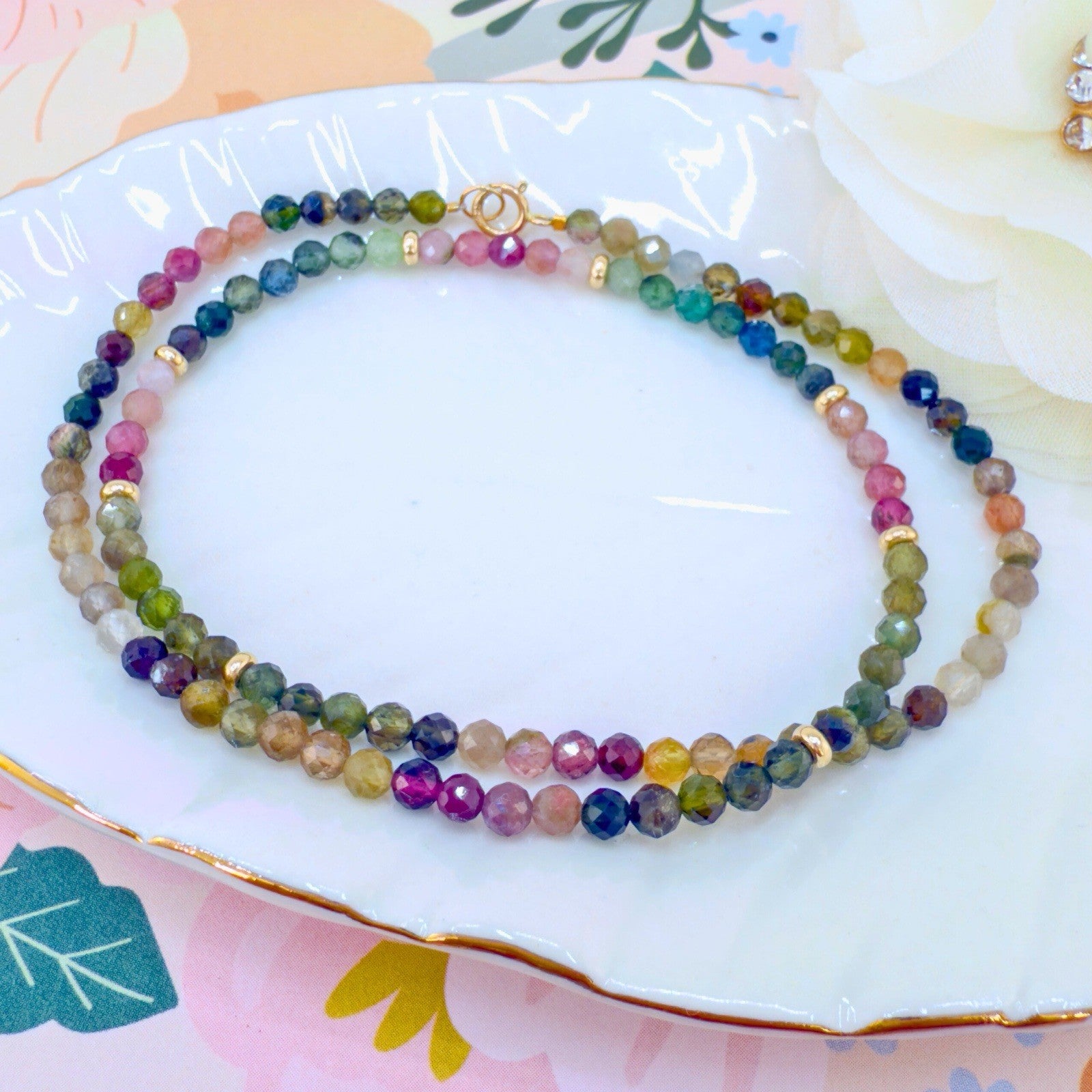 14k Yellow Gold Multicolor Tourmaline Bead Necklace, New 16"