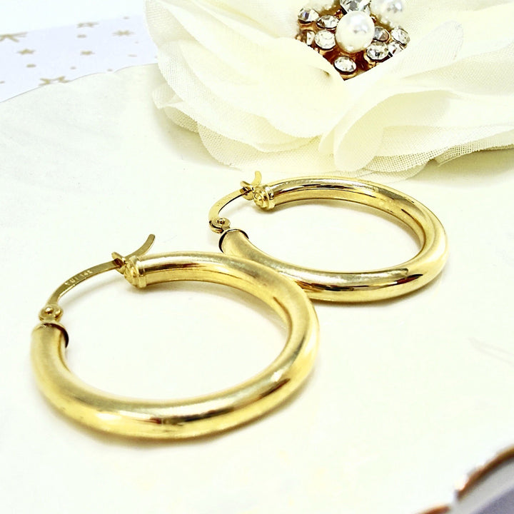 Solid 14k Yellow Gold 3mm Thick Hoop Earrings 25mm Diameter, New