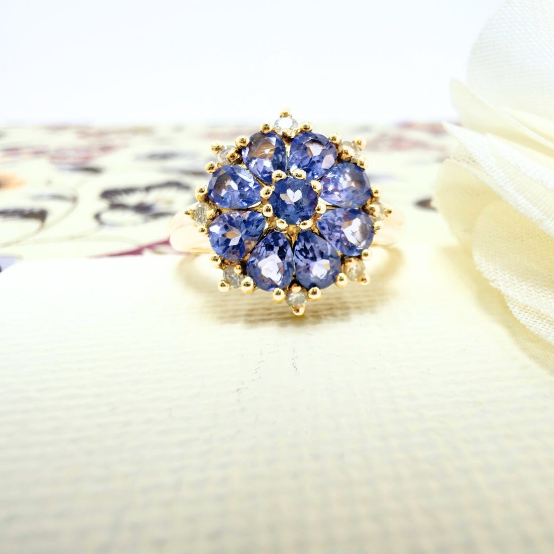 14k Yellow Gold Tanzanite &Diamond Rosette Ring, Size 6