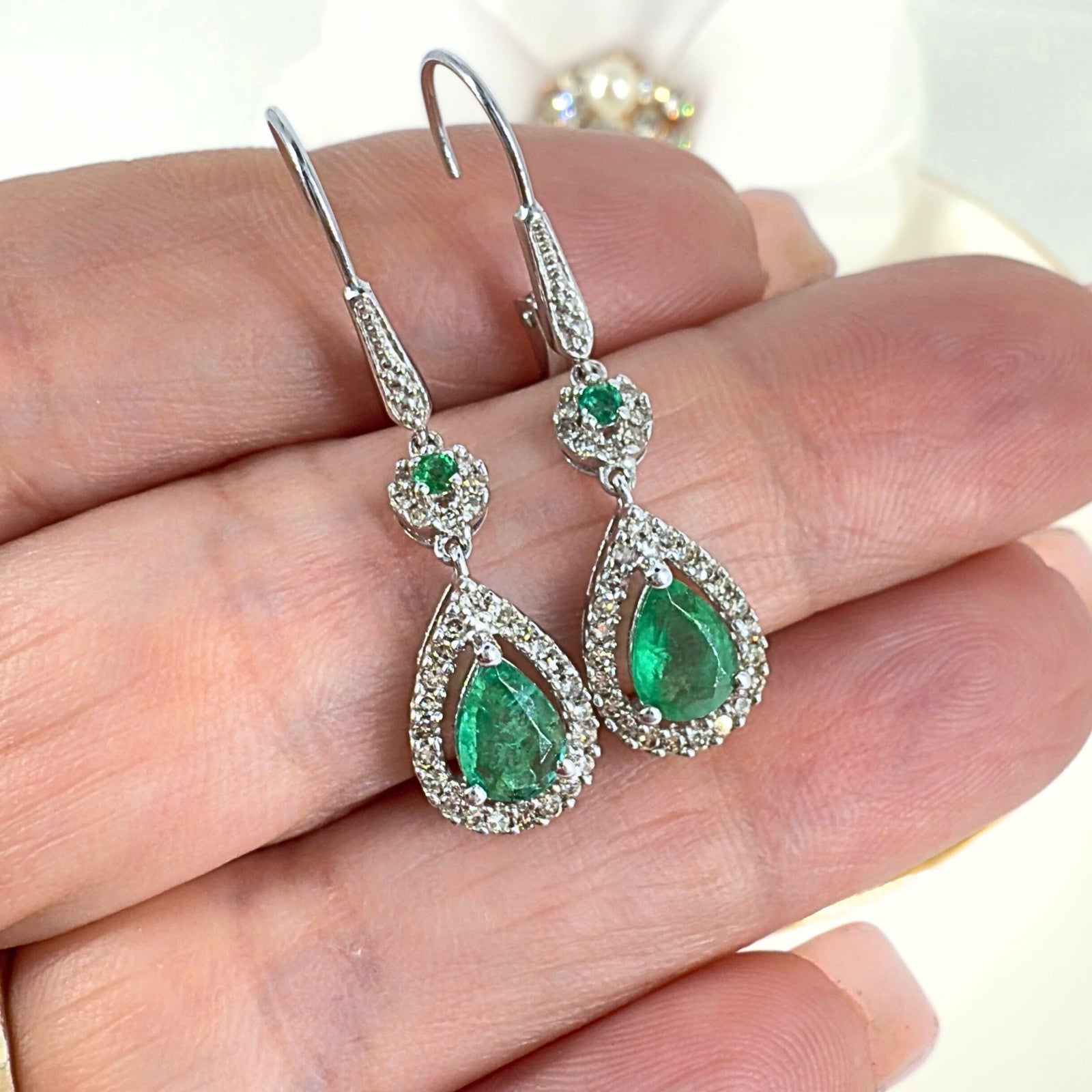 14k White Gold Genuine Emerald & Diamond Leverback Dangle Earrings, Preowned