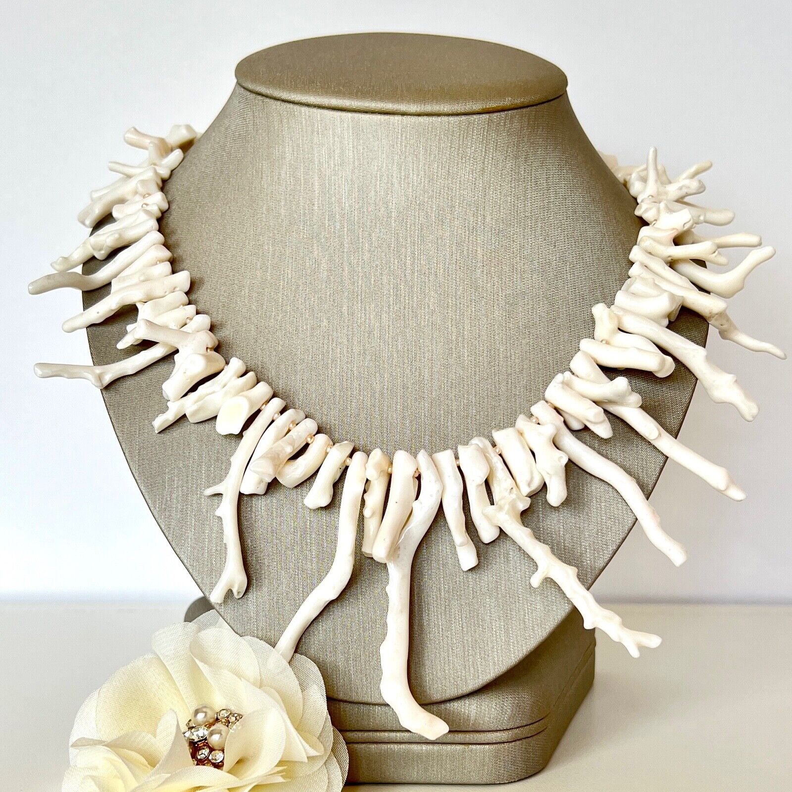 Solid 14k Yellow Gold Genuine White Branch Coral & Seed Pearl Necklace New 28.5"