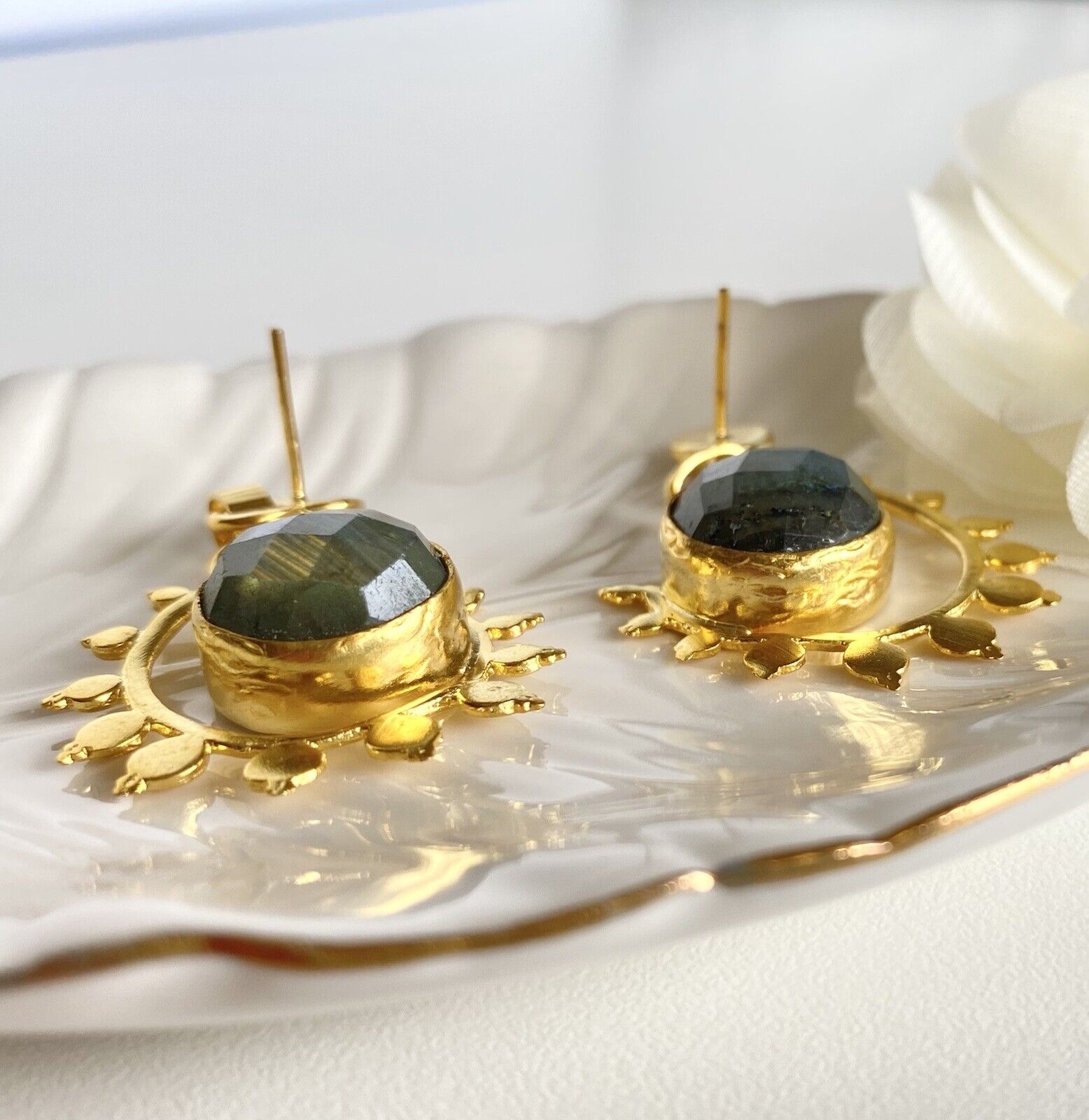 Etruscan Revival Gold Overlay Labradorite Dangle Earrings, New, 1.88"