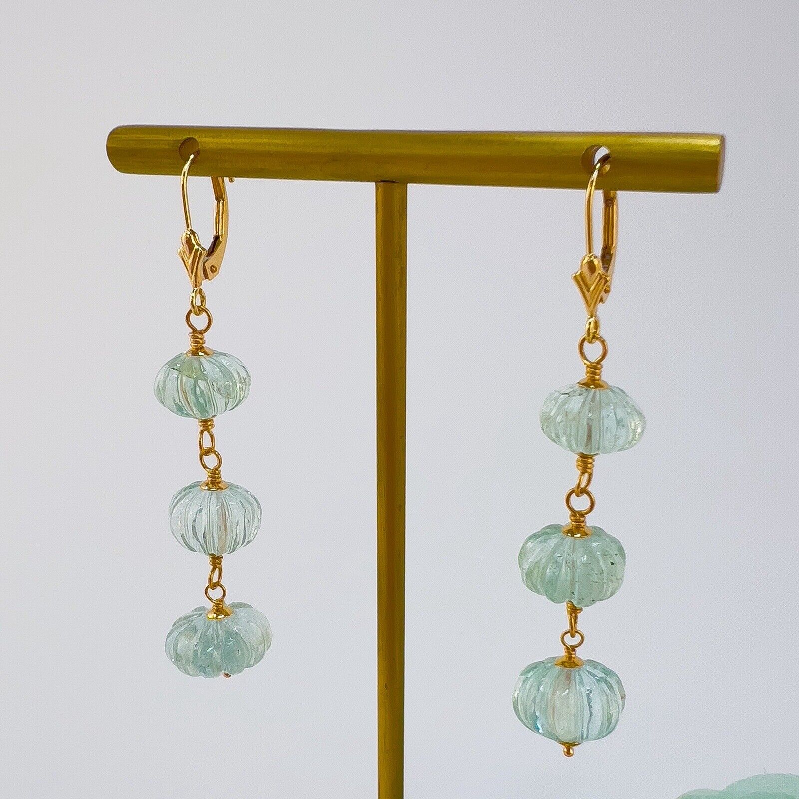 Genuine Aquamarine Fluted Rondelle 14k Yellow Gold Dangle/Drop Earrings, New