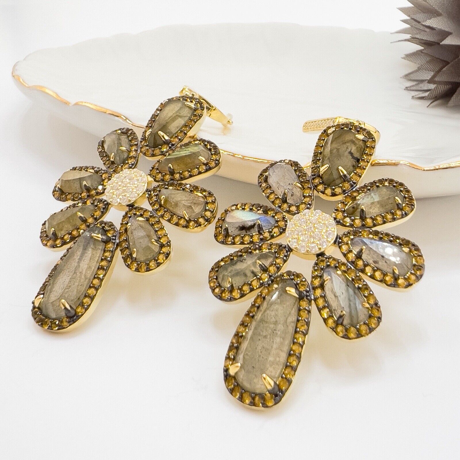 Genuine Labradorite Citrine & Cz Sterling Silver Vermeil Statement Earrings, New