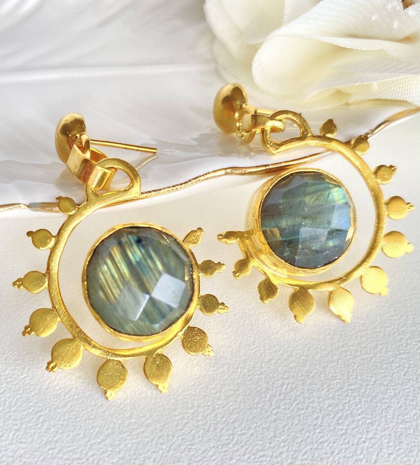Etruscan Revival Gold Overlay Labradorite Dangle Earrings, New, 1.88"
