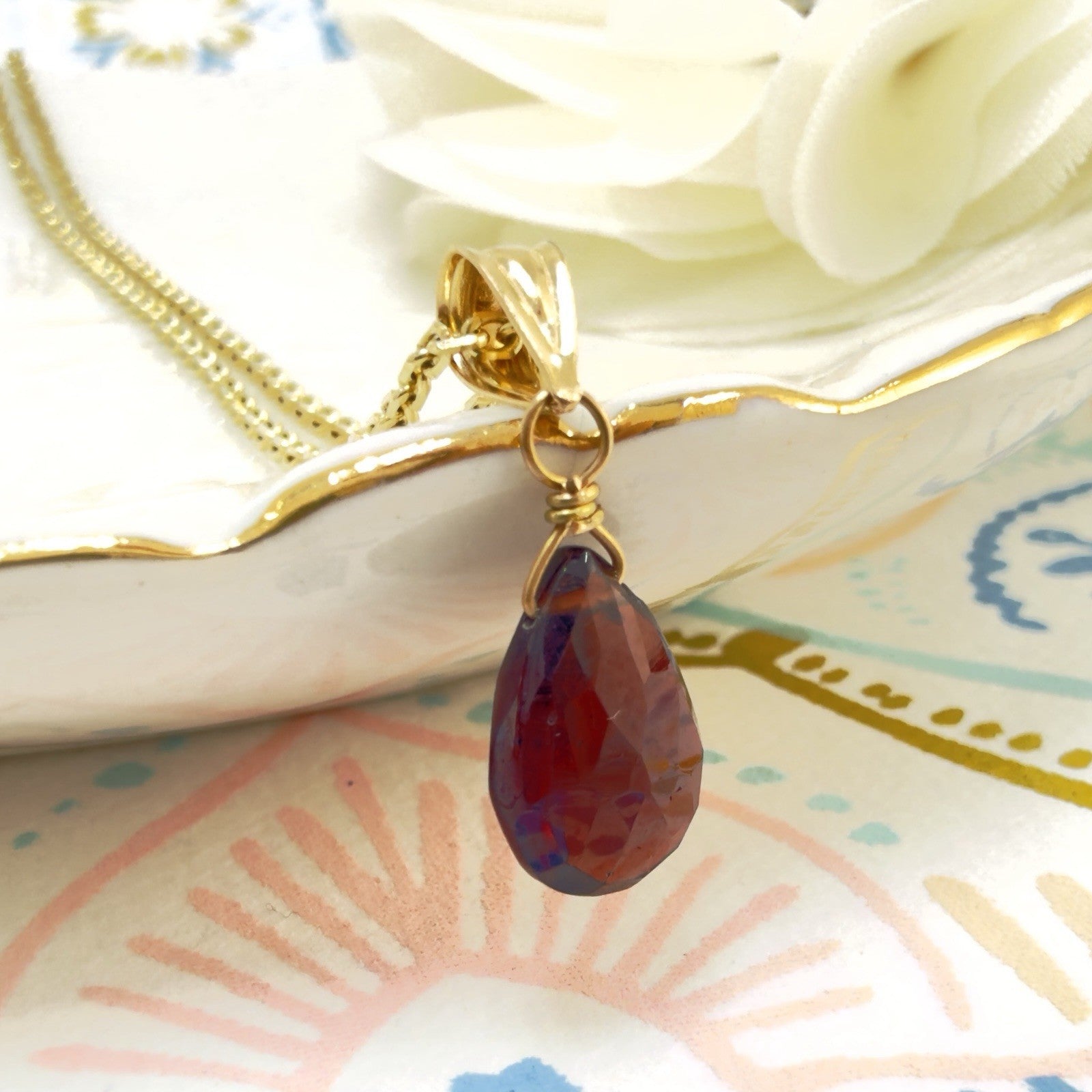 14k Yellow Gold Genuine Garnet Drop Pendant, 0.75" New