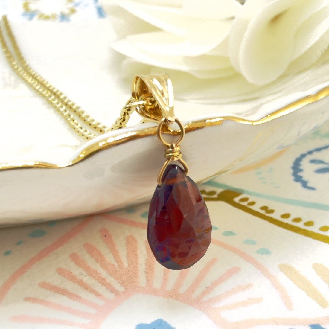 14k Yellow Gold Genuine Garnet Drop Pendant, 0.75" New