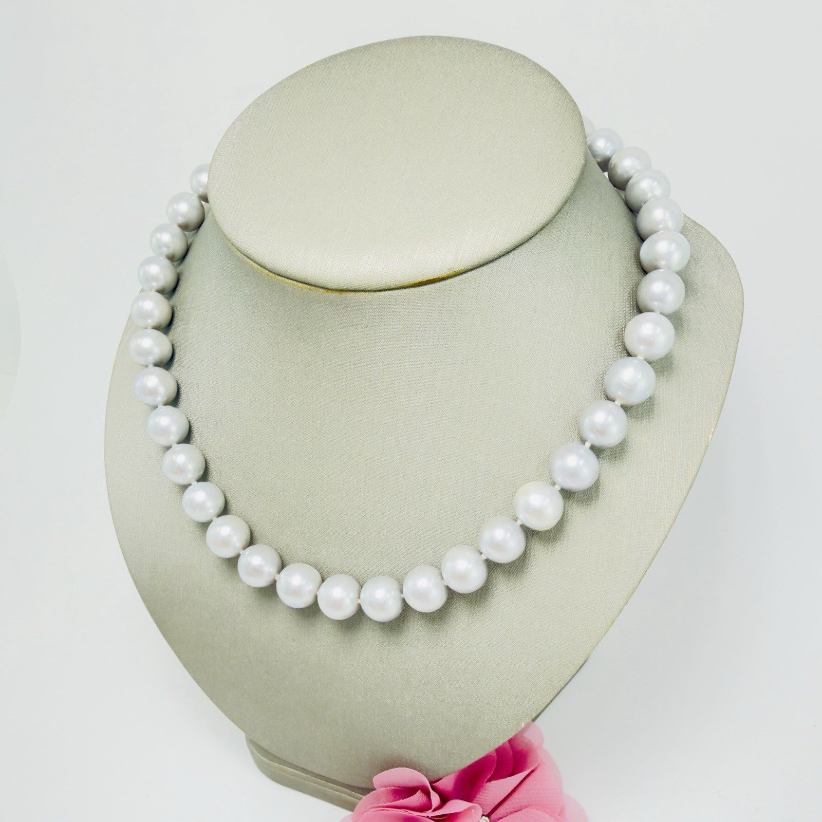 14k White Gold and Genuine Silver Cultured Pearl 10.5-11.5mm Necklace, 17.5" New
