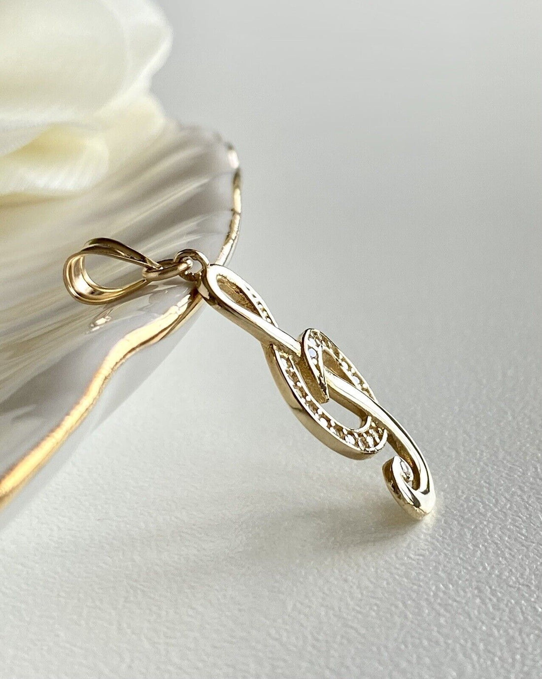 Solid 14K Yellow Gold & Cubic Zirconia "G" Clef Musical Symbol Pendant, New 1.3"