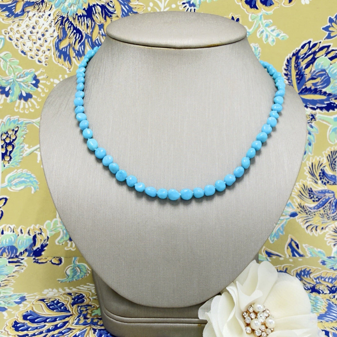 14k Yellow Gold Sleeping Beauty Turquoise Necklace, New, Adjustable 17.5-19.5"