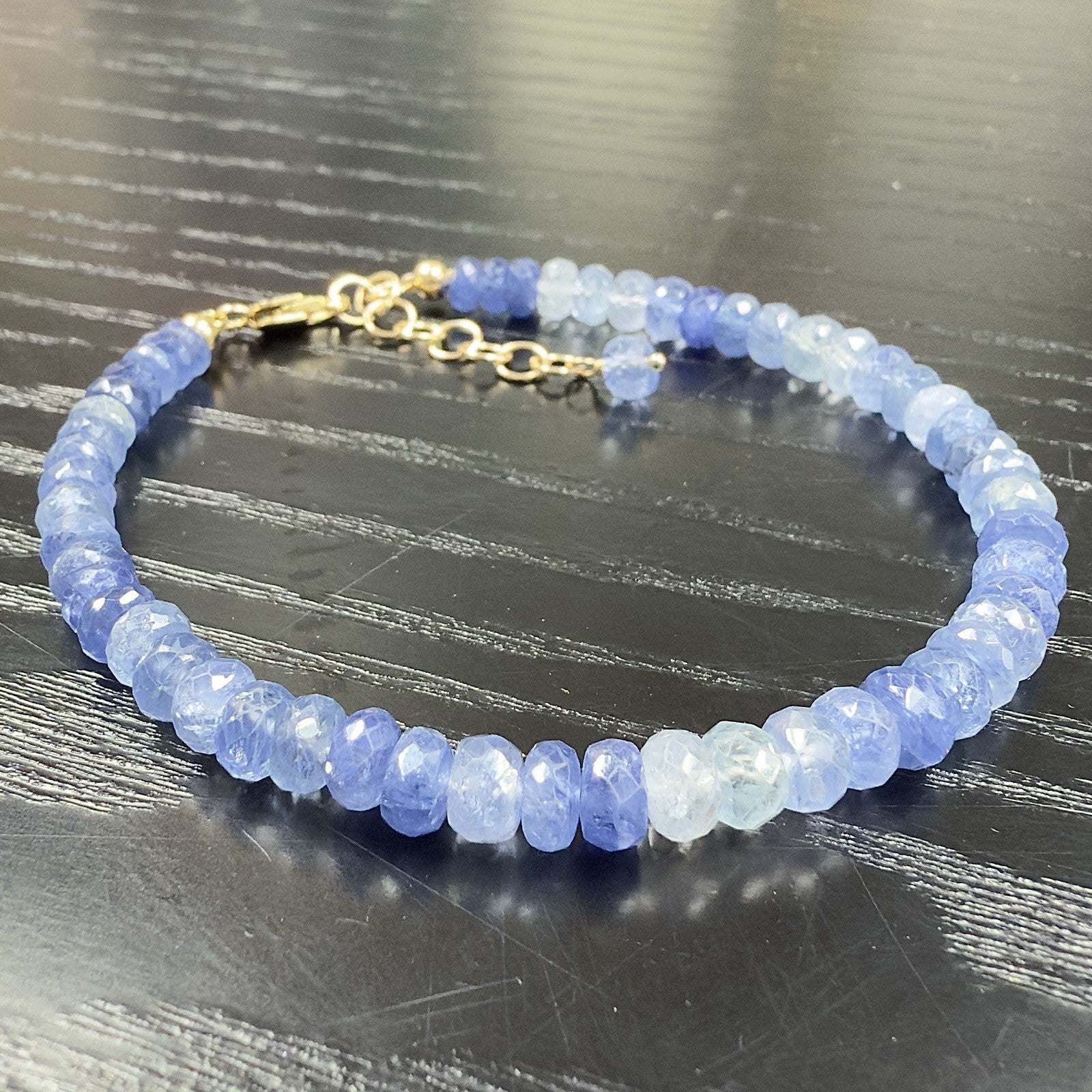 14k Yellow Gold Multitone Blue Sapphire Bracelet, Adjustable 6.75-7.75", New