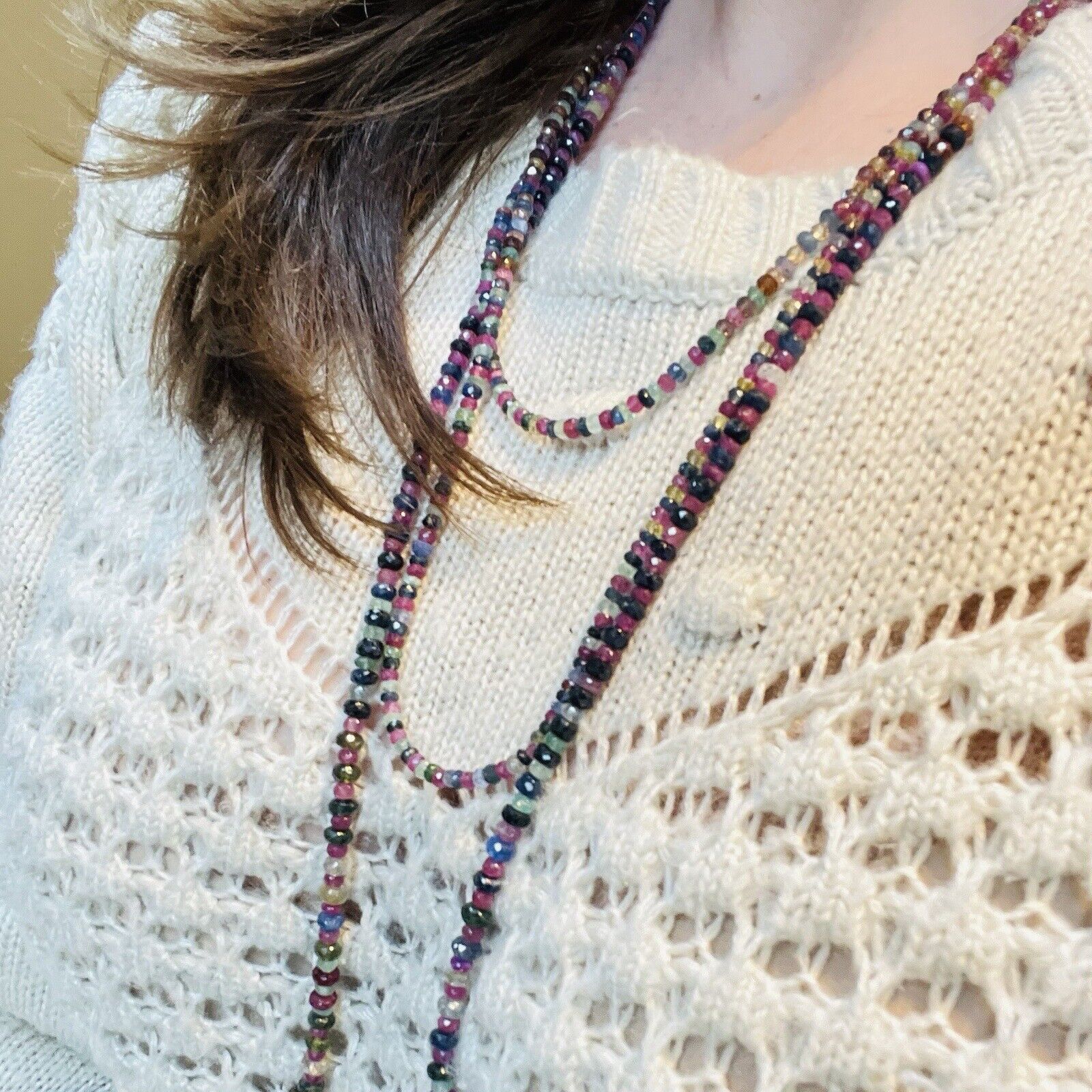 Genuine Multicolor Sapphire, Ruby & Emerald 14K Yellow Gold Necklace, New 82"