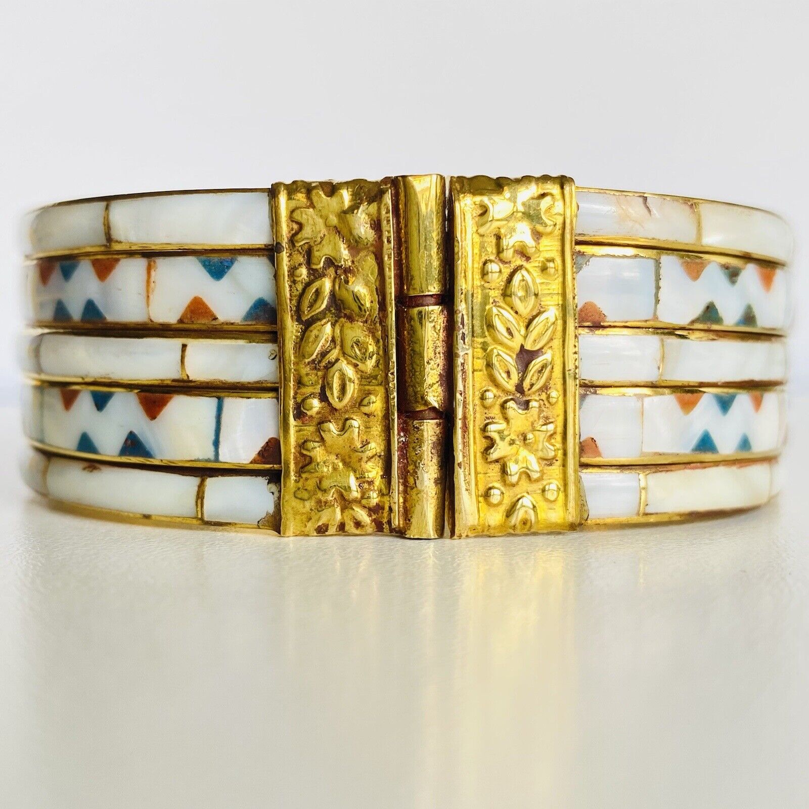 Vintage Mother of Pearl Inlay & Enamel Bohemian Bangle Bracelet, New