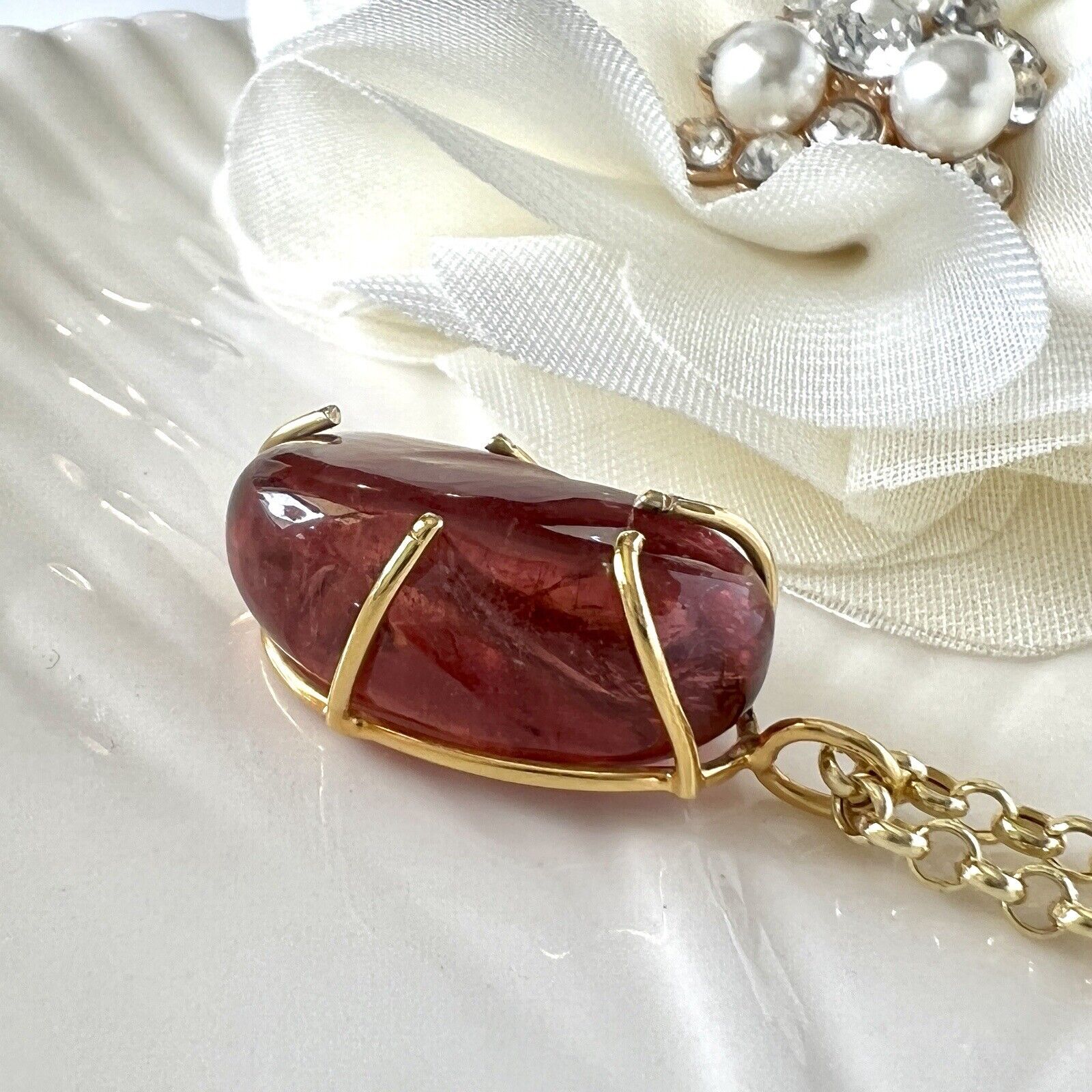 Solid 14k Yellow Gold Natural Smooth Red Tourmaline (16ct) Nugget Pendant, New