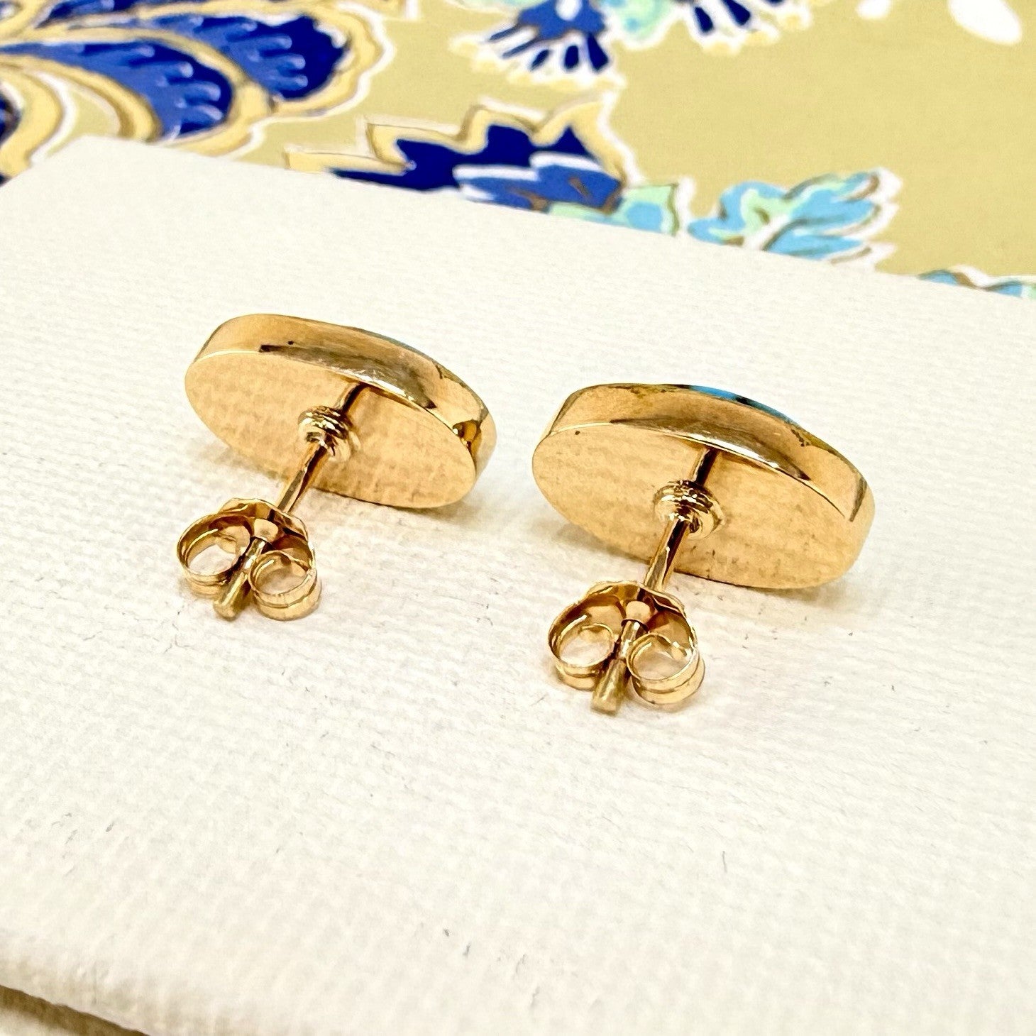 14k Yellow Gold Egyptian Turquoise Custom Made Stud Earrings, New Pair #1