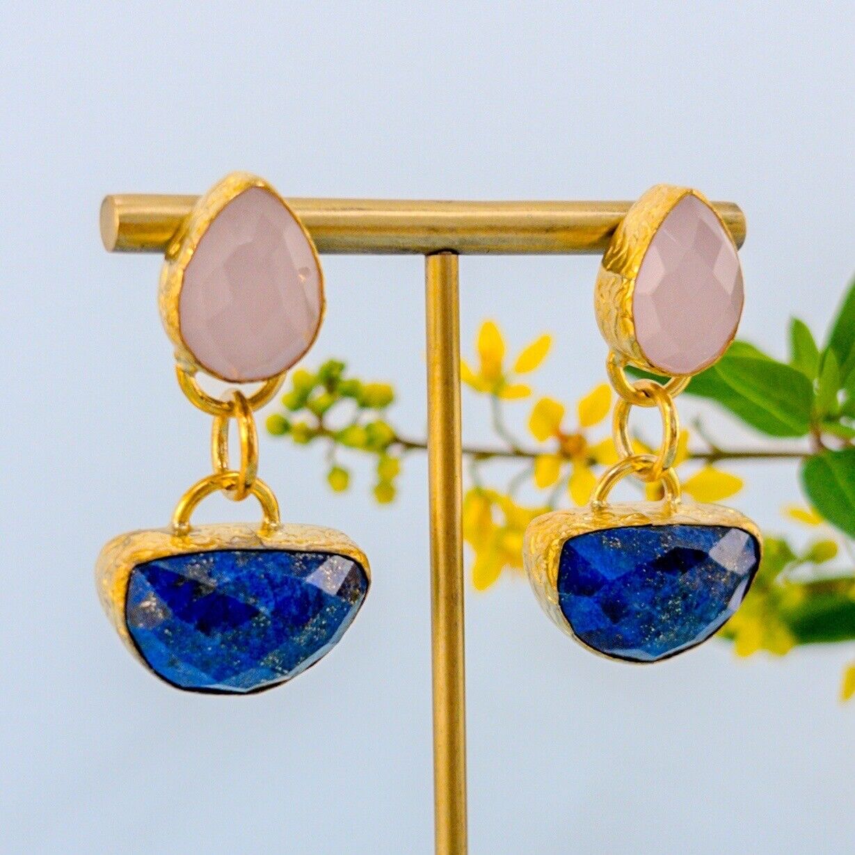 Etruscan Revival Genuine Rose Chalcedony & Lapis Lazuli GP Dangle/Drop Earrings
