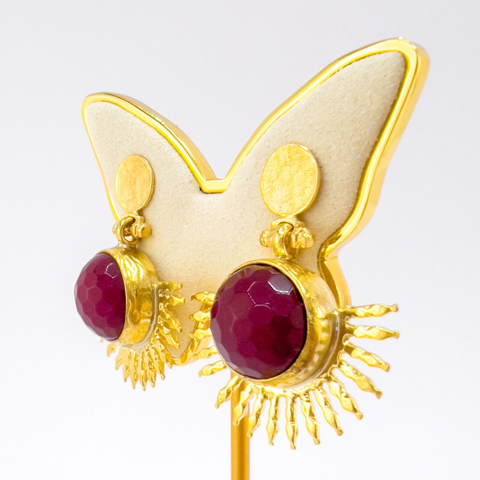 Etruscan Style Ruby Quartz Heavy Gold Plated Sunburst Dangle Earrings New 1.48"