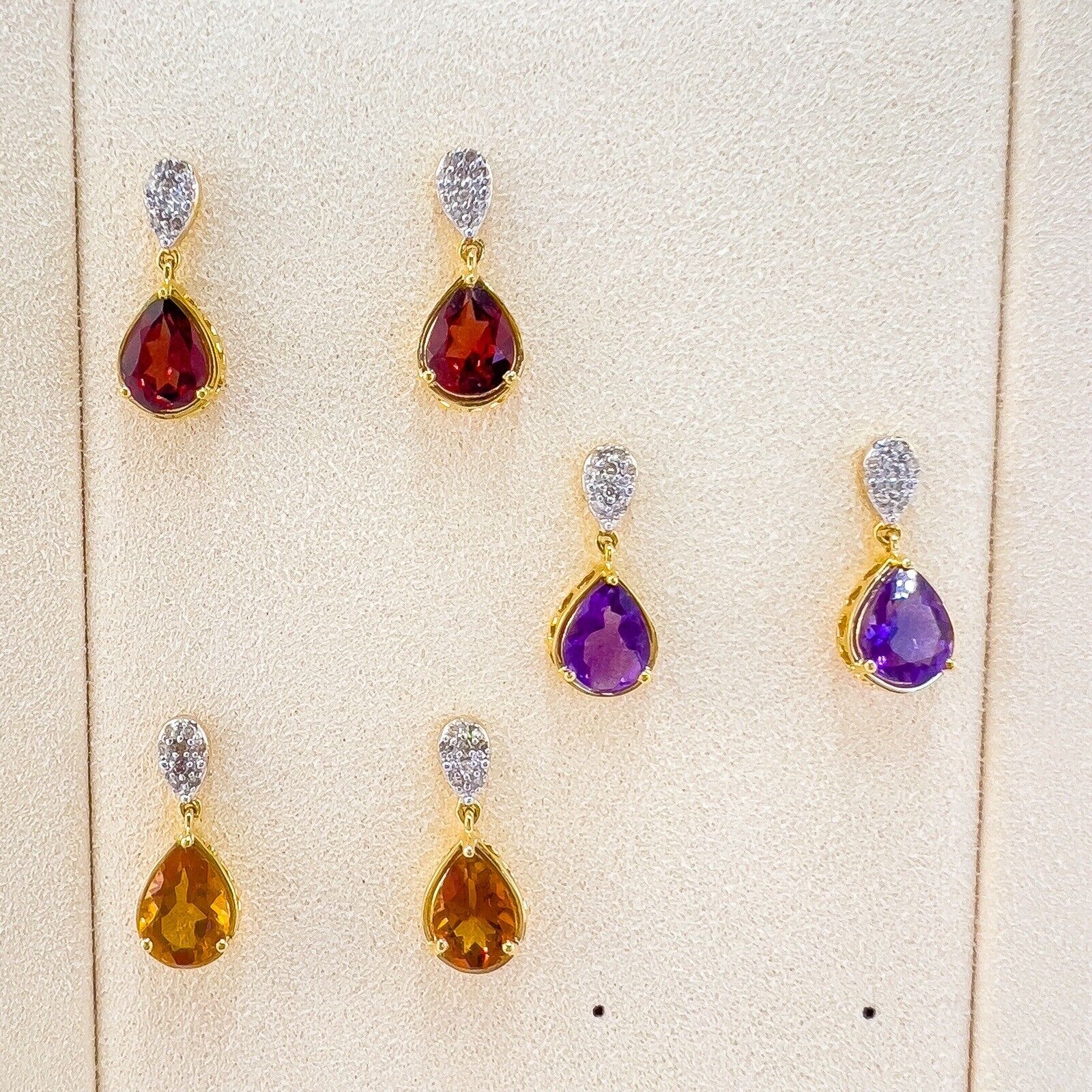 Genuine Amethyst & Diamond Solid 10k Yellow Gold Dangle/Drop Earrings
