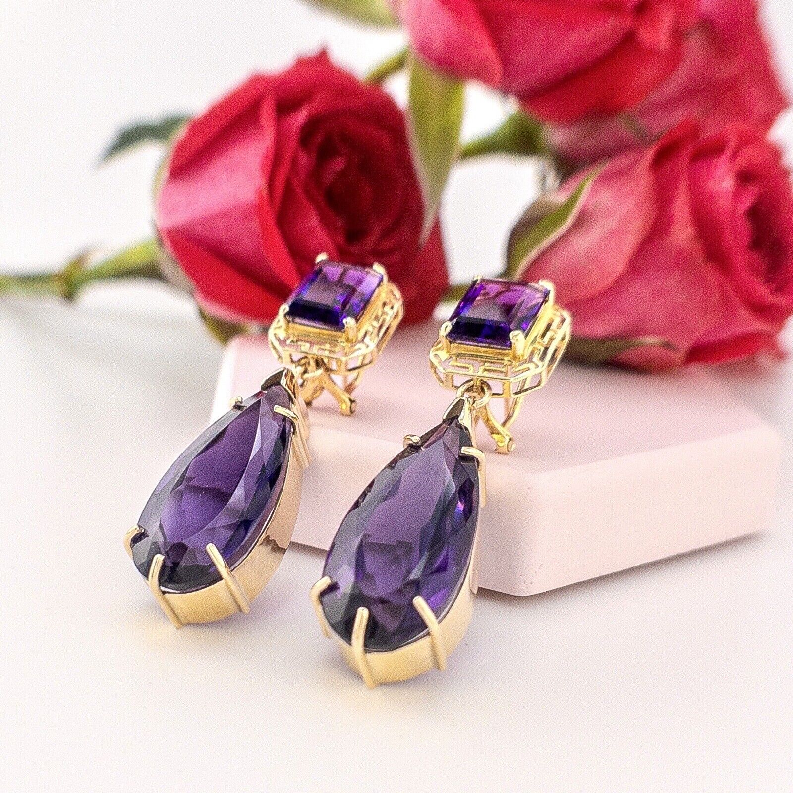 Solid 14k Yellow Gold Genuine Amethyst Omega-Back Dangle/Drop Earrings, 1.8"