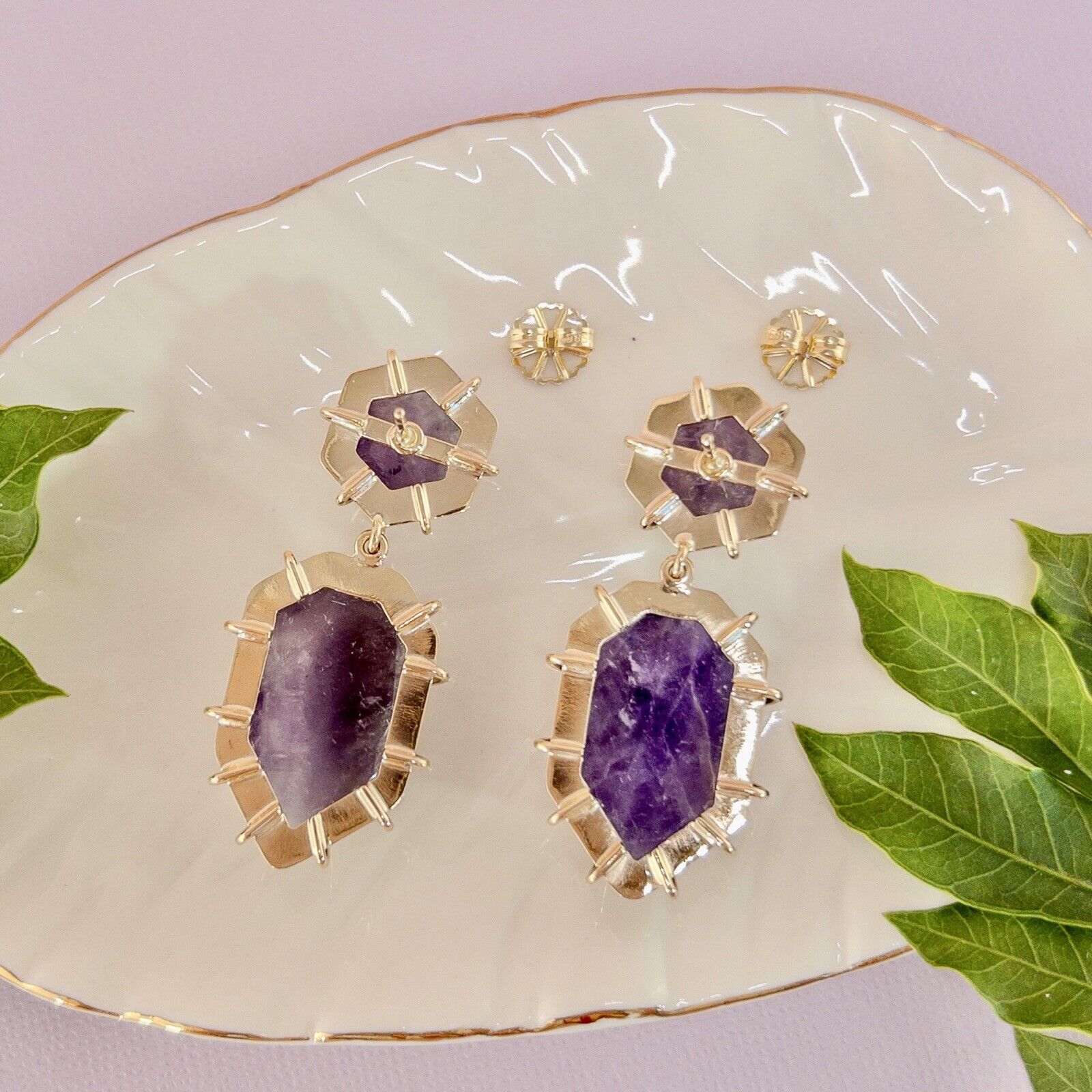 Solid 14k Yellow Gold Genuine Amethyst Modernist Custom Made Dangle Earrings 2”