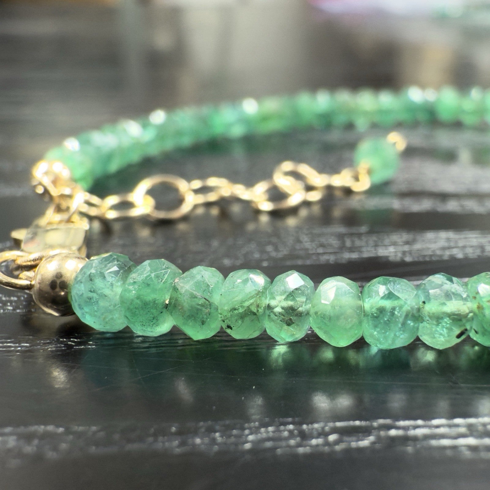 14k Yellow Gold Natural Emerald Bracelet, Adjustable 6.75-7.75", New