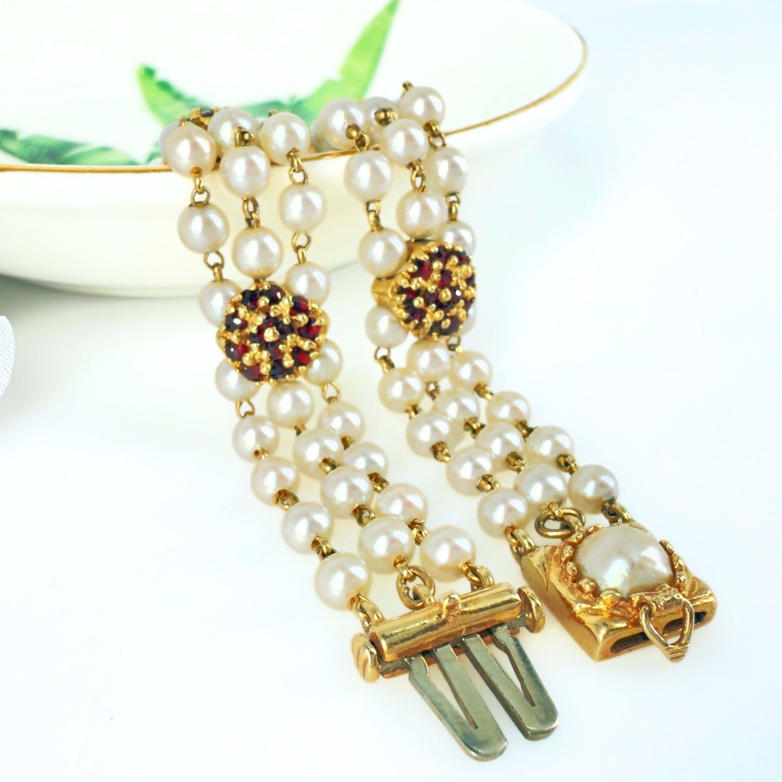 14k Gold Vintage Akoya Pearl 3-Row Bracelet & Garnet Slide Bracelet Charms