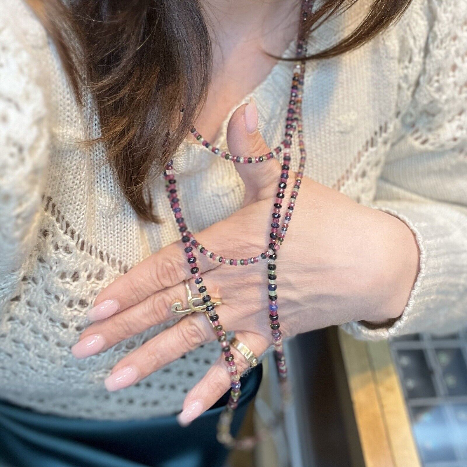 Genuine Multicolor Sapphire, Ruby & Emerald 14K Yellow Gold Necklace, New 82"