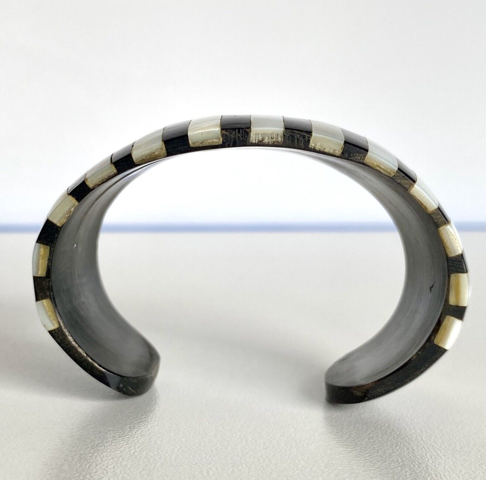 Vintage Mother of Pearl & Horn Inlay Bohemian Cuff Bracelet, Small