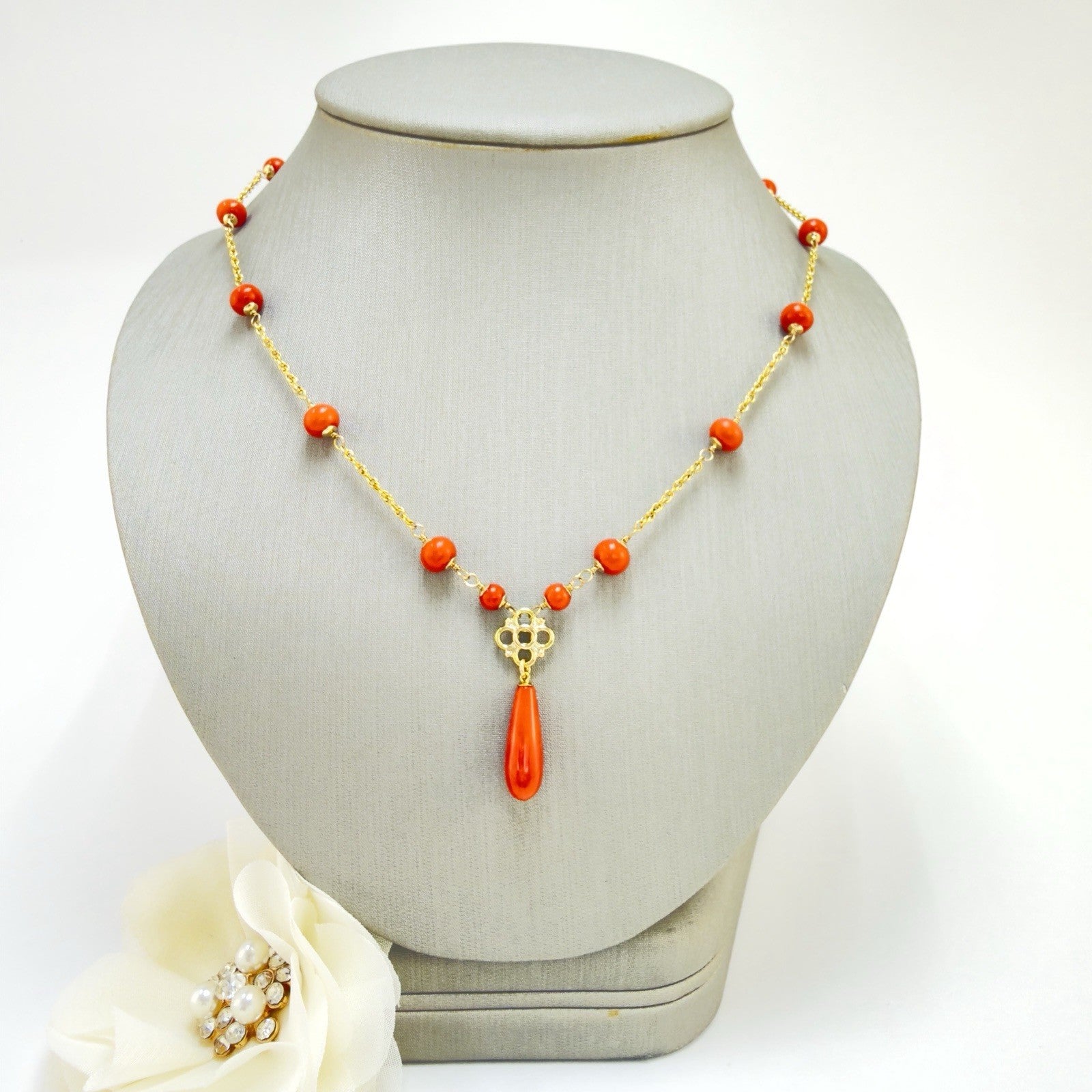 14k Yellow Gold Natural Red Coral Station Necklace w/Drop, 17.5-19" New