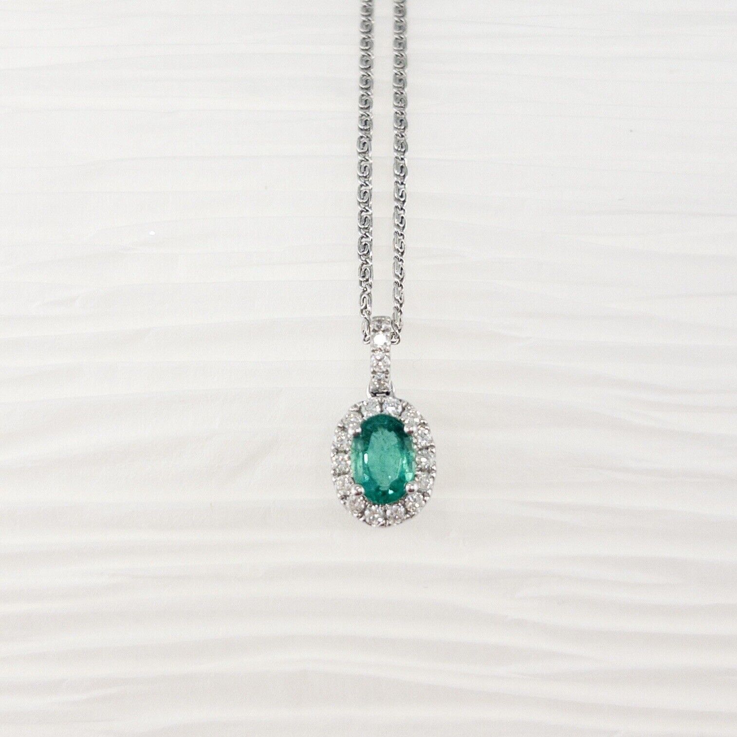 Solid 14k White Gold Genuine Colombian Emerald & Diamond Oval Pendant, New