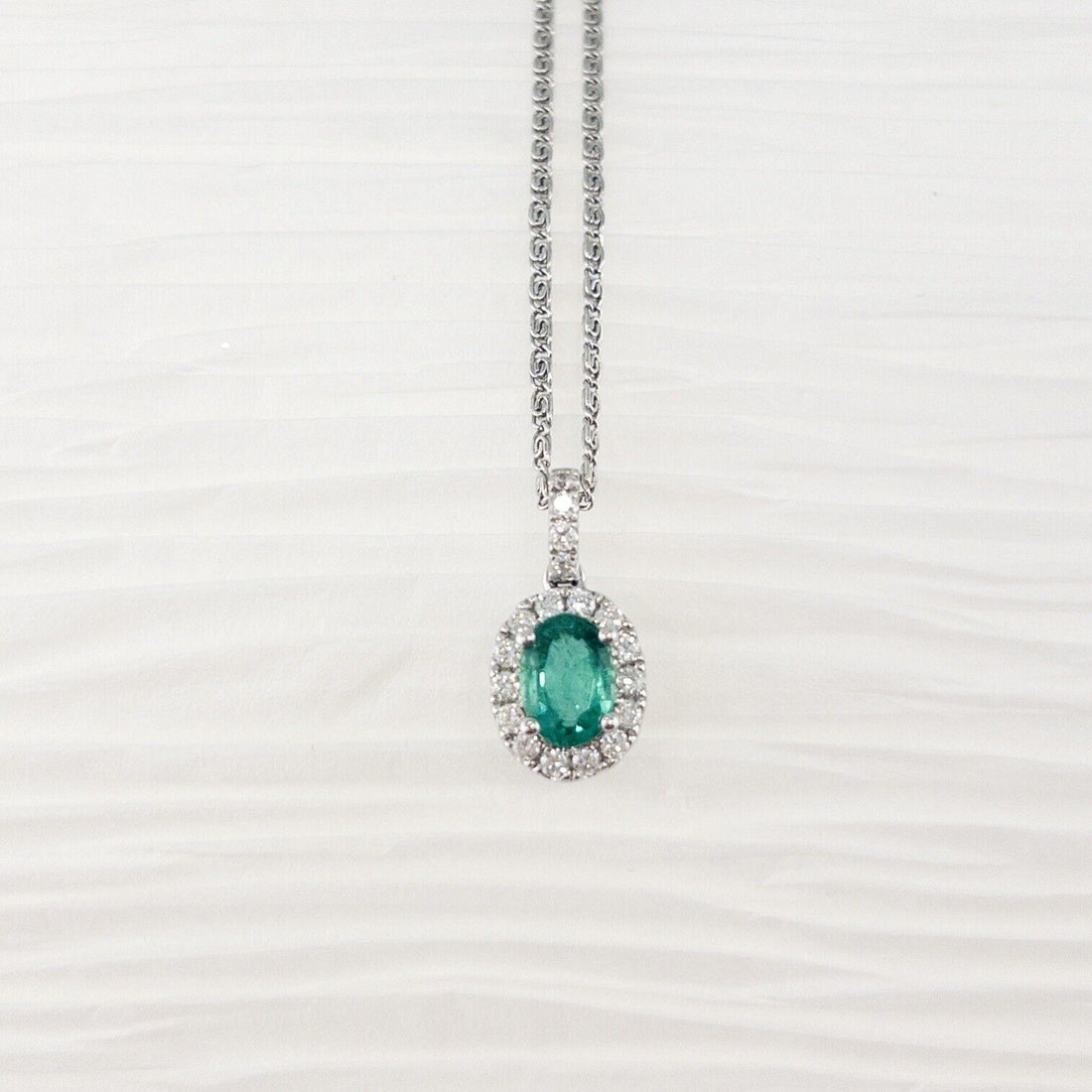 Solid 14k White Gold Genuine Colombian Emerald & Diamond Oval Pendant, New