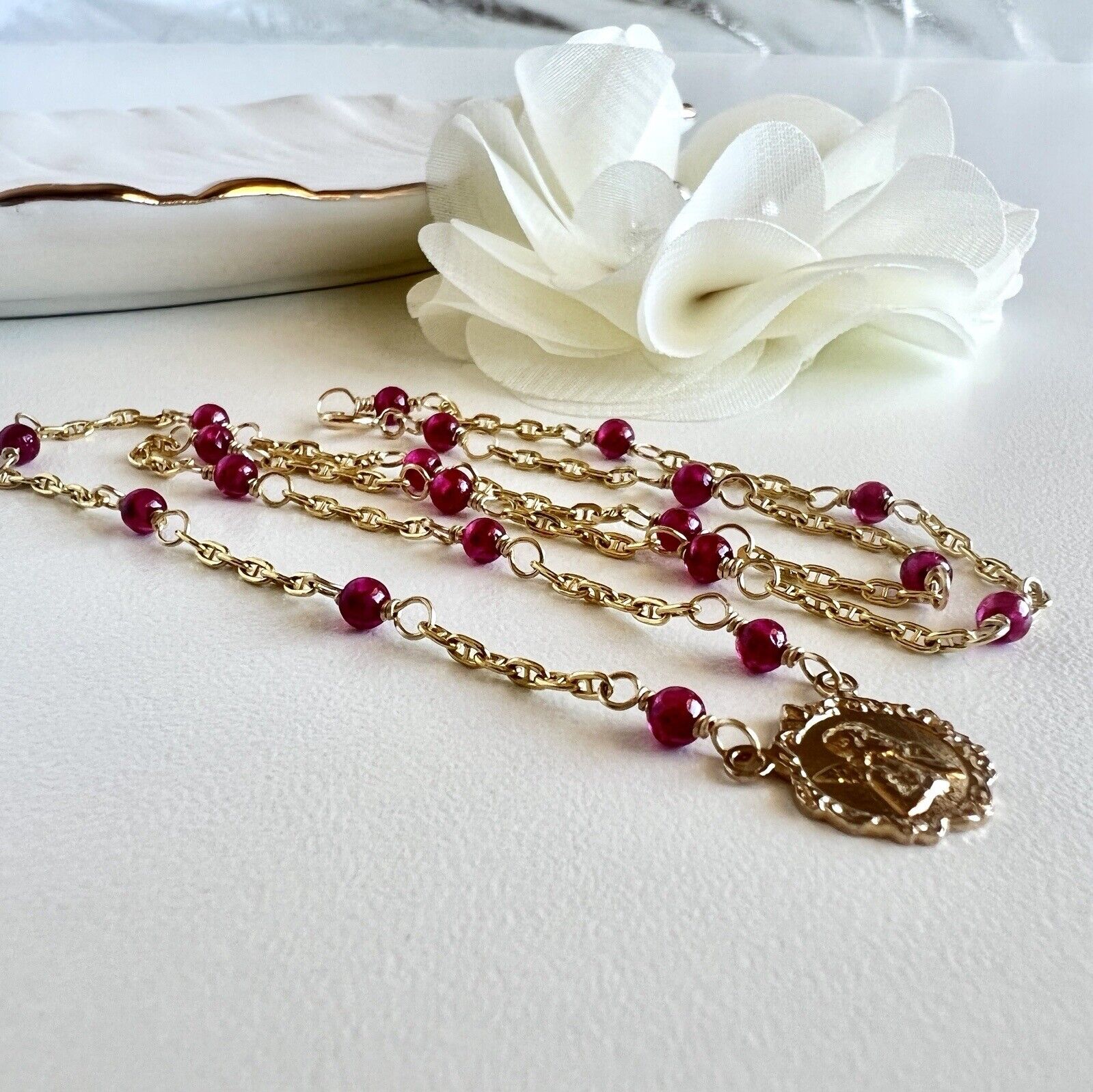 Solid 14k Yellow Gold and Lab Created Ruby (5.6ctw) Angel Necklace, New, 17.25"