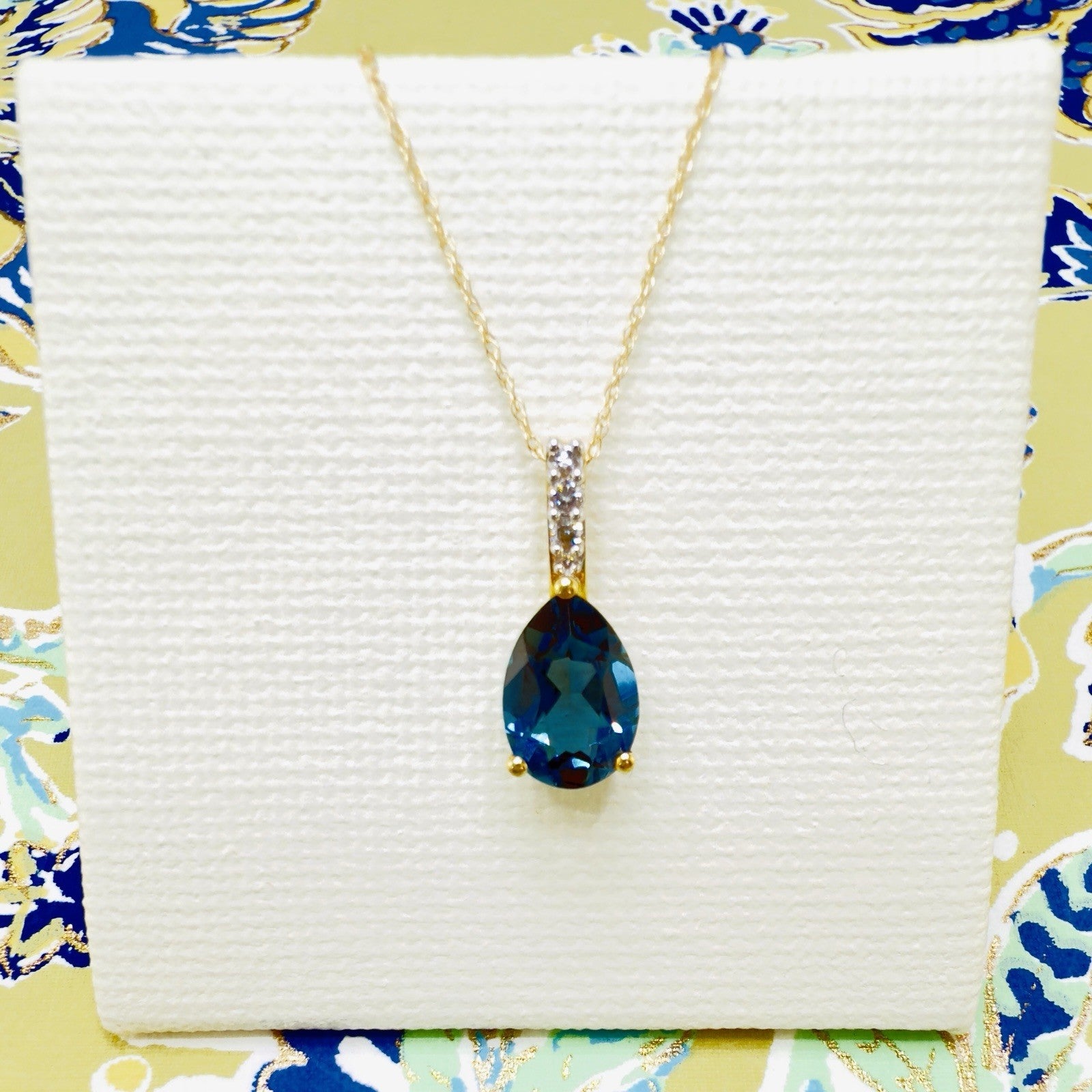 14k Yellow Gold Genuine London Blue Topaz & Diamond Pendant/Necklace, 18"