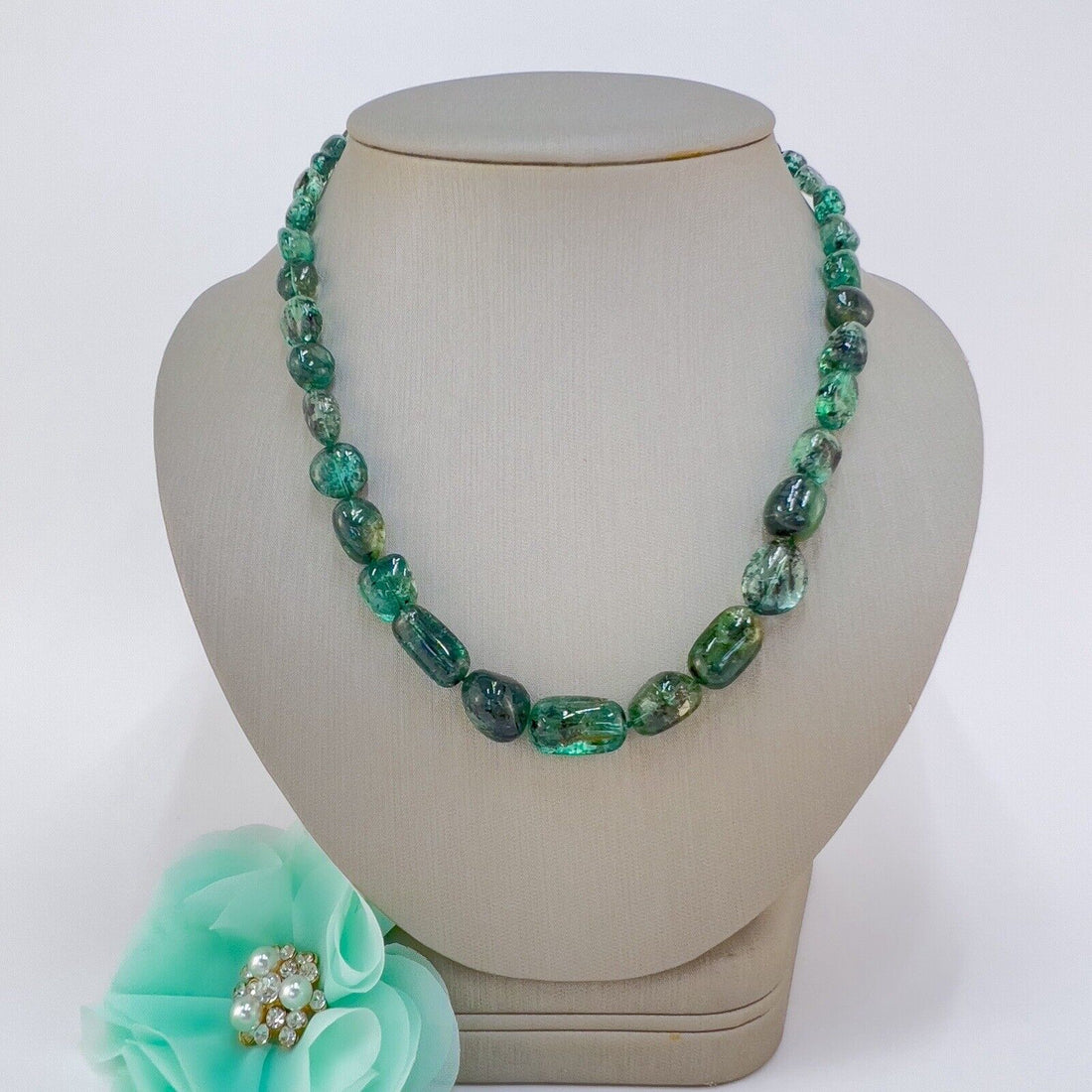 Genuine Emerald (170ct) 14k Yellow Gold Beaded Necklace, New 17.5"